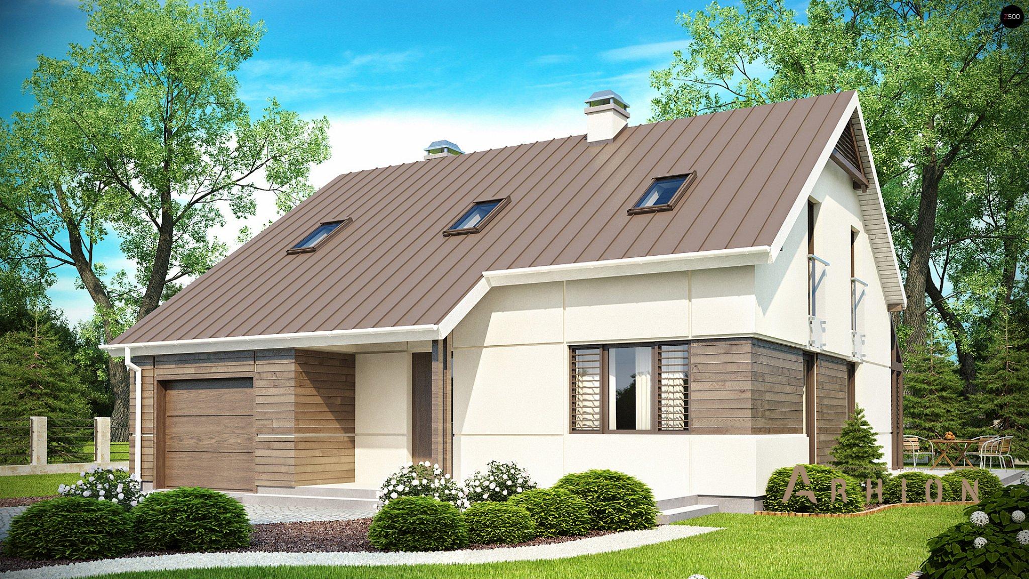 1. Проект одноэтажного дома в современном стиле с двускатной кровлей, Z148, площадью - 193 кв c мансардой, терассой, гаражом