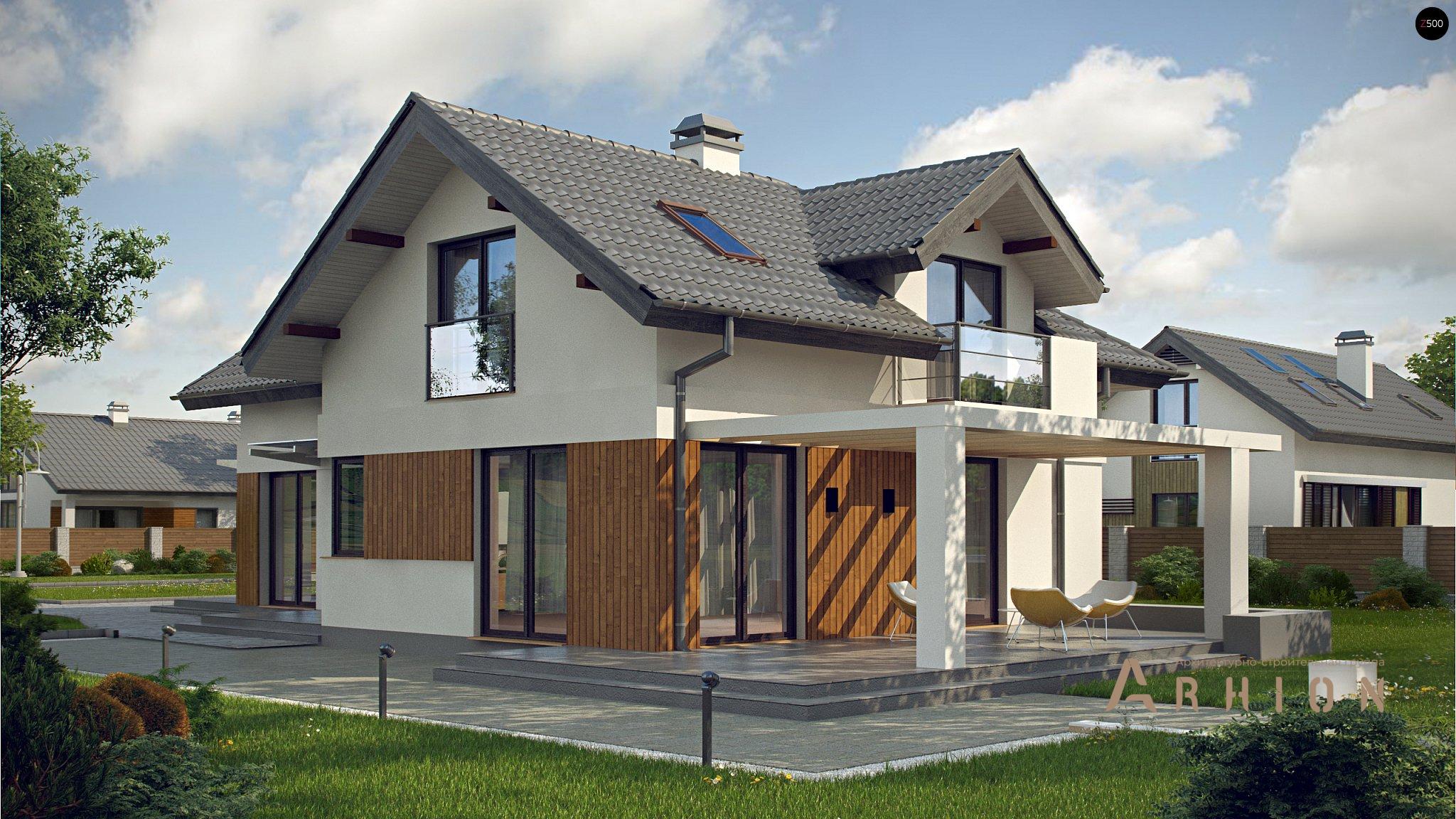 3. Проект одноэтажного дома в современном стиле с двускатной кровлей, Z150, площадью - 169 кв c мансардой, терассой, балконом