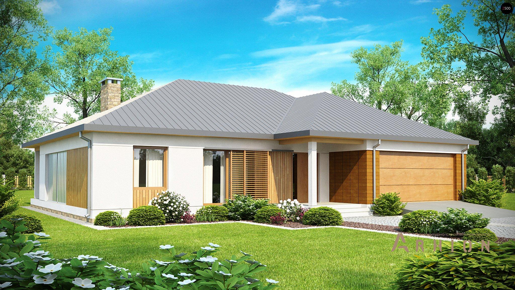 1. Проект одноэтажного дома в современном стиле с четырехскатной, Z152, площадью - 166 кв c терассой, гаражом