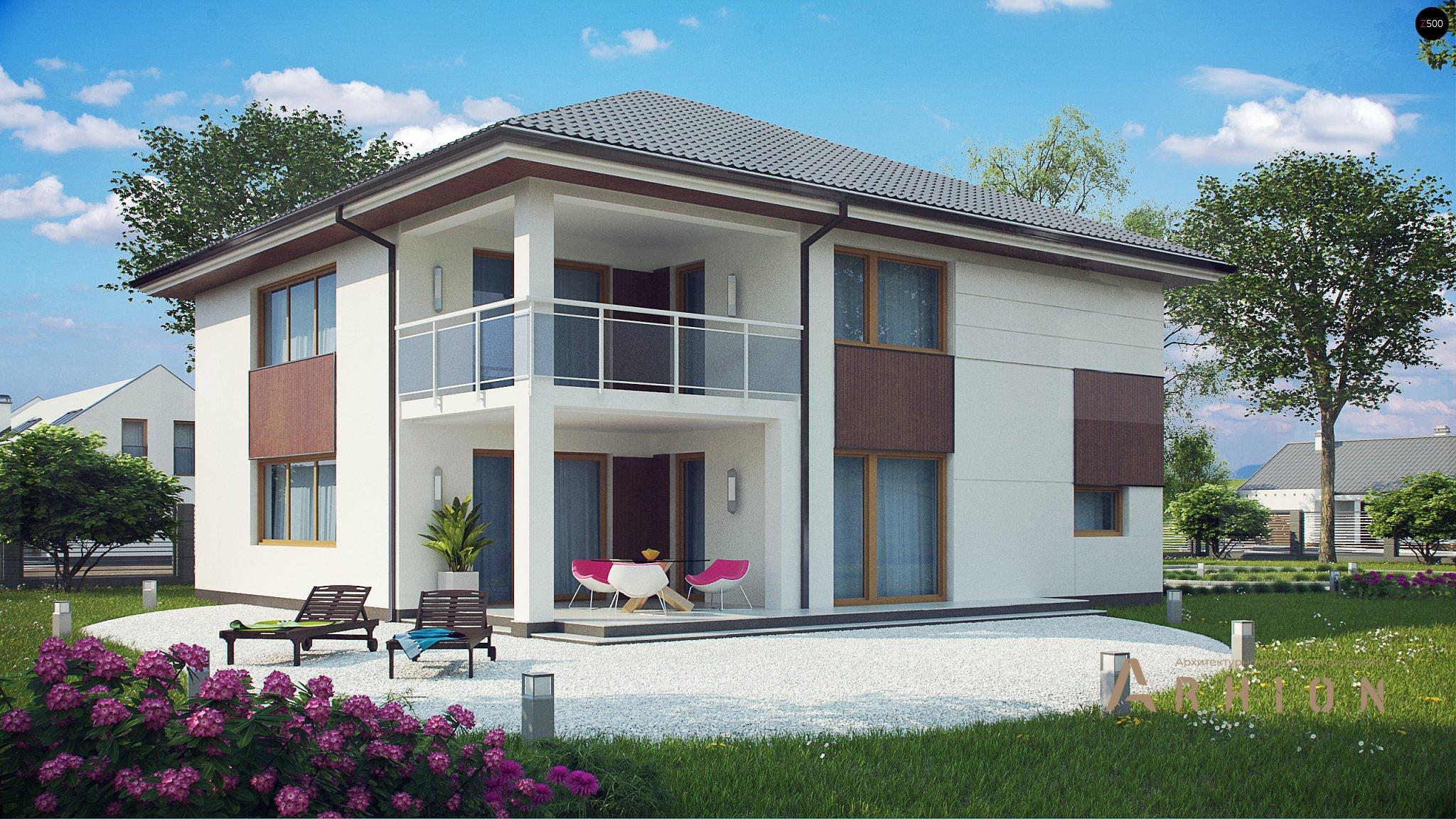 2. Проект двухэтажного дома в современном стиле с четырехскатной, Z156, площадью - 279 кв c терассой, балконом, гаражом