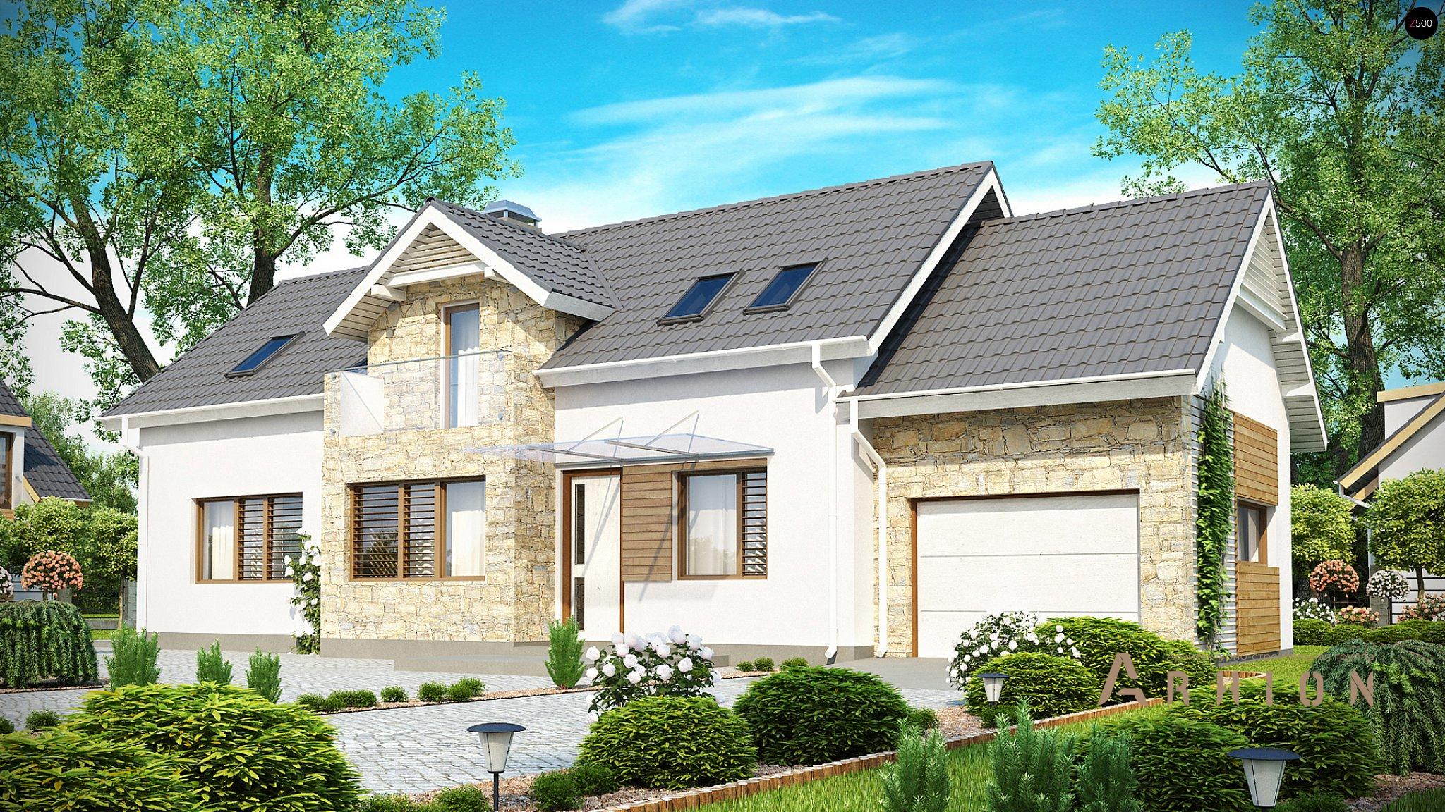 1. Проект одноэтажного дома в альпийском стиле с двускатной кровлей, Z157, площадью - 209 кв c мансардой, терассой, балконом, гаражом, эркером