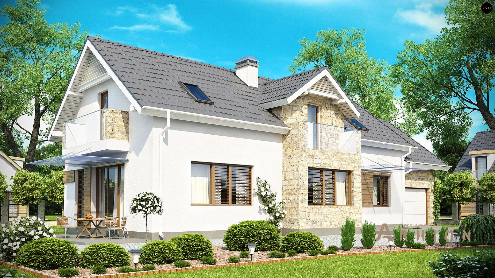 2. Проект одноэтажного дома в альпийском стиле с двускатной кровлей, Z157, площадью - 209 кв c мансардой, терассой, балконом, гаражом, эркером