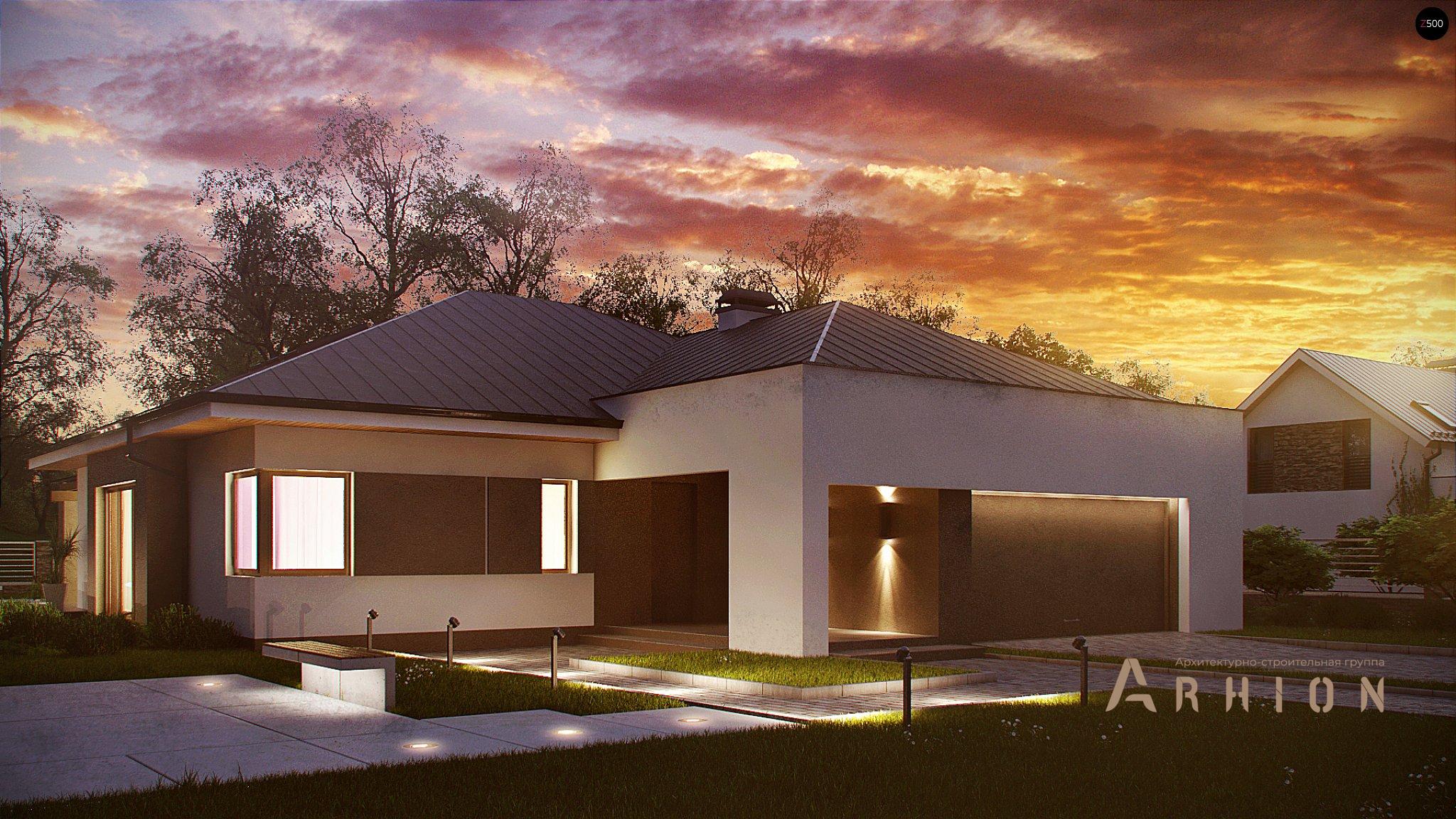 1. Проект одноэтажного дома в современном стиле с четырехскатной, Z158, площадью - 252 кв c мансардой, терассой, гаражом, эркером