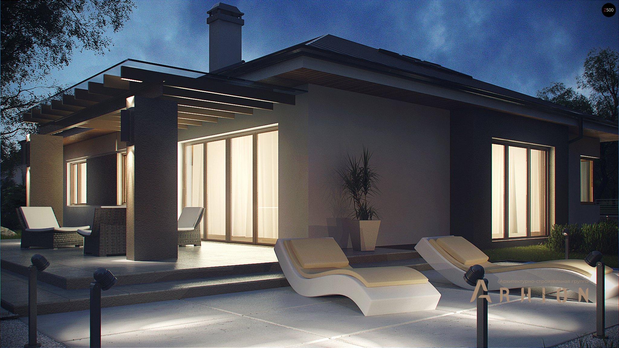 4. Проект одноэтажного дома в современном стиле с четырехскатной, Z158, площадью - 252 кв c мансардой, терассой, гаражом, эркером