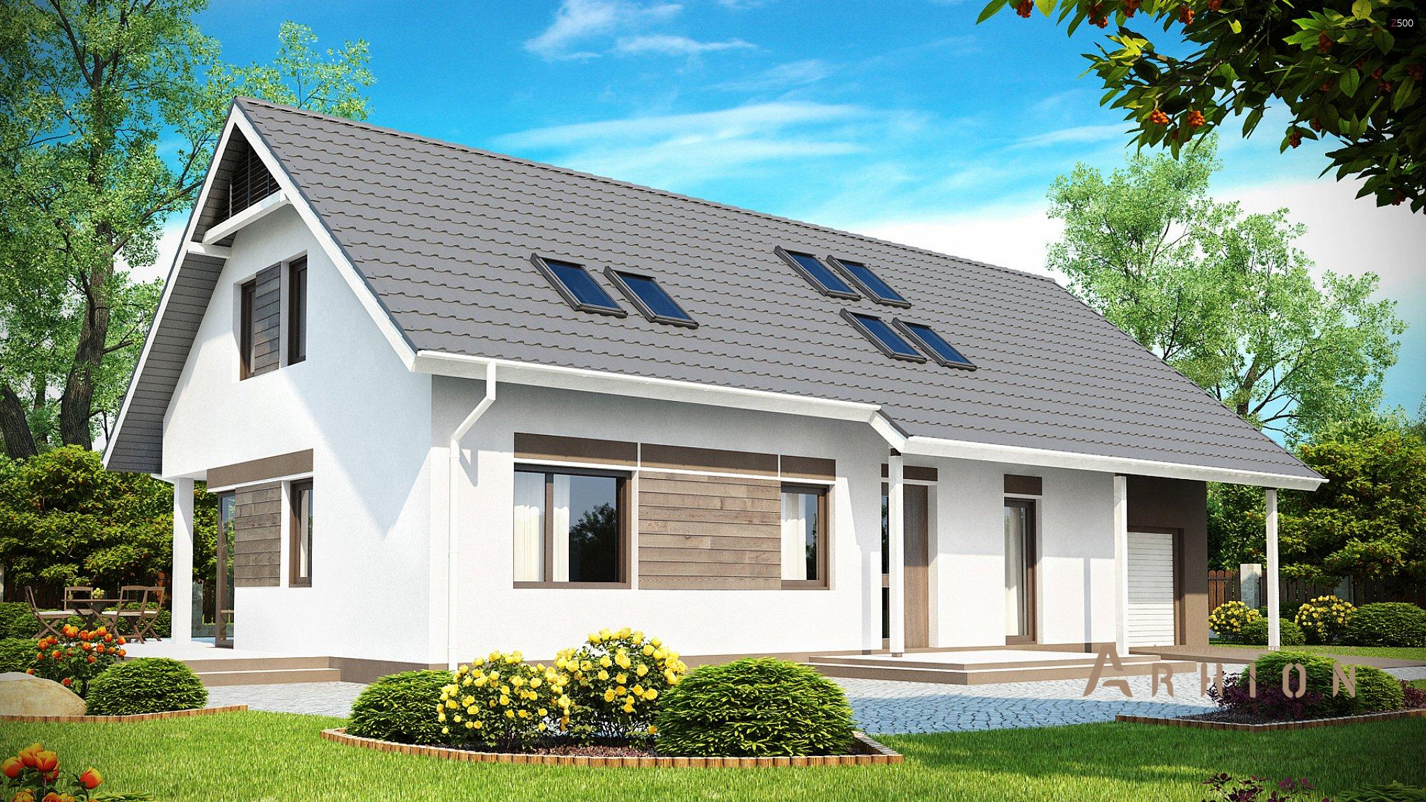 1. Проект одноэтажного дома в европейском стиле с двускатной кровлей, Z160, площадью - 263 кв c мансардой, терассой, балконом, гаражом