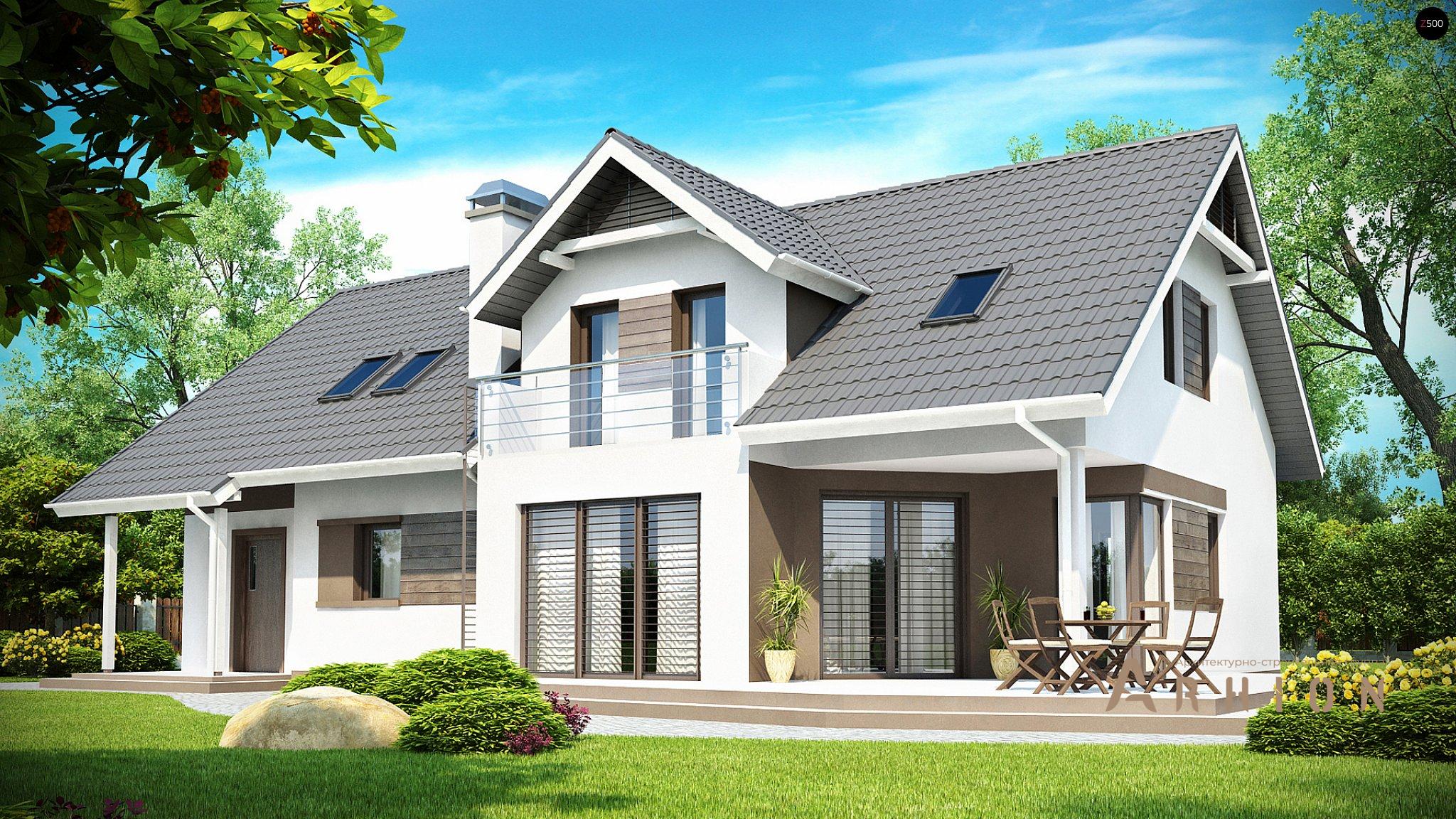 2. Проект одноэтажного дома в европейском стиле с двускатной кровлей, Z160, площадью - 263 кв c мансардой, терассой, балконом, гаражом