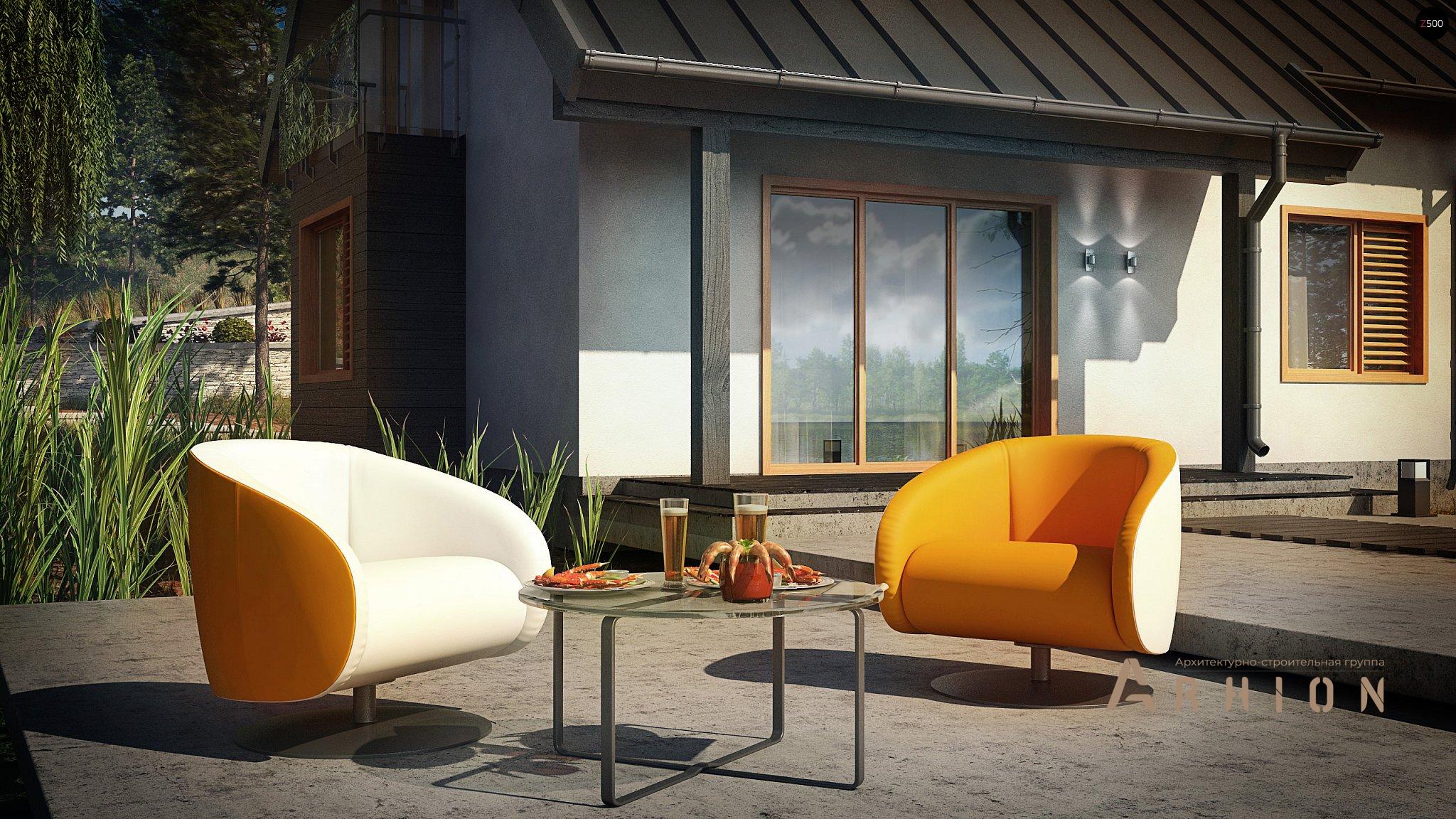 4. Проект одноэтажного дома в современном стиле с двускатной кровлей, Z162, площадью - 134 кв c мансардой, терассой, балконом, эркером