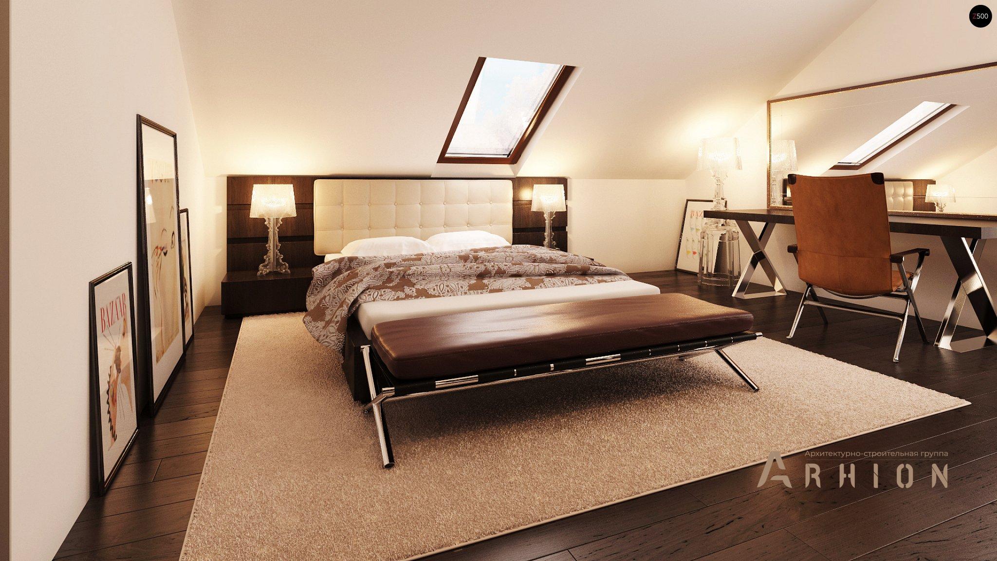 8. Проект одноэтажного дома в современном стиле с двускатной кровлей, Z164, площадью - 183 кв c мансардой, терассой, гаражом