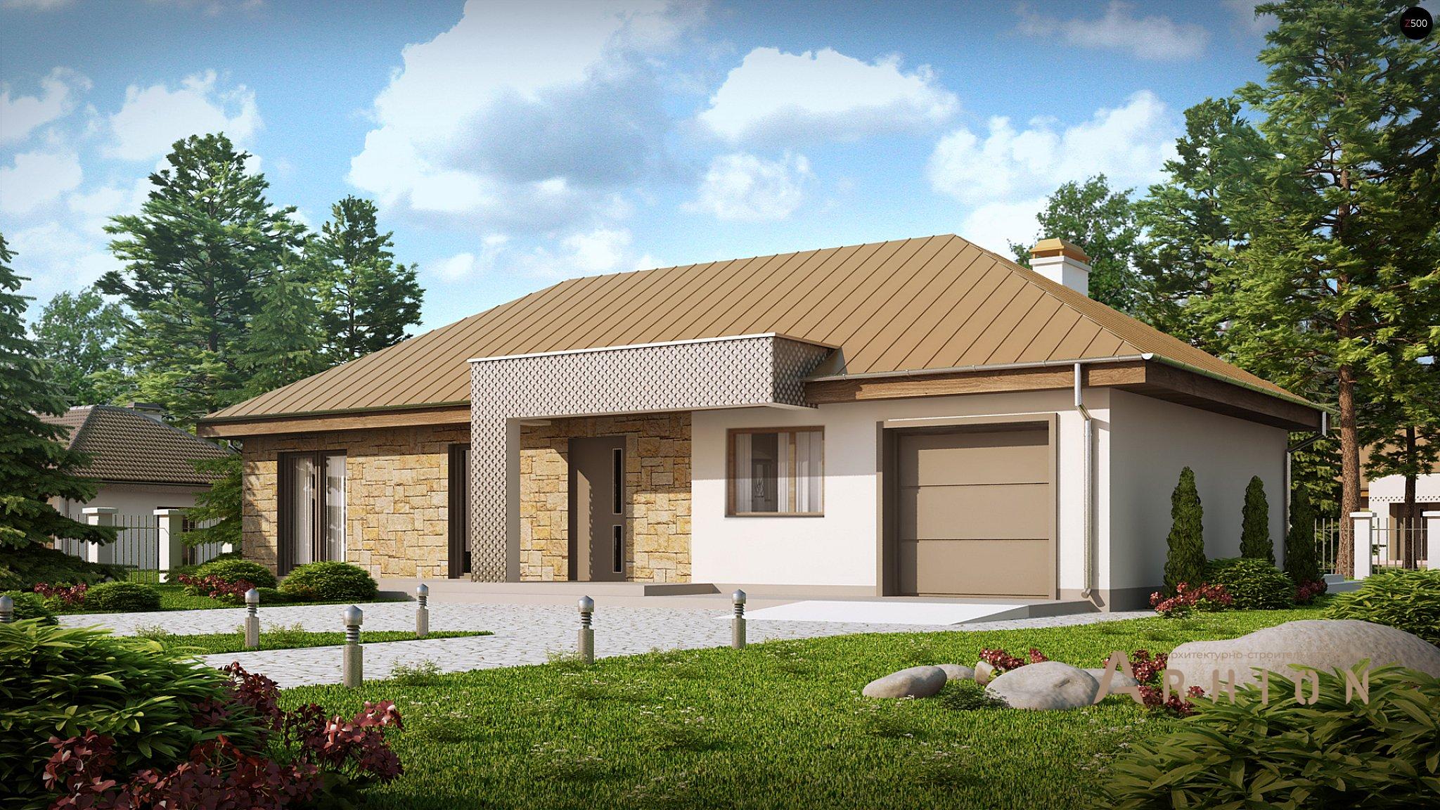 1. Проект одноэтажного дома в современном стиле с четырехскатной, Z165, площадью - 133 кв c терассой, гаражом, эркером