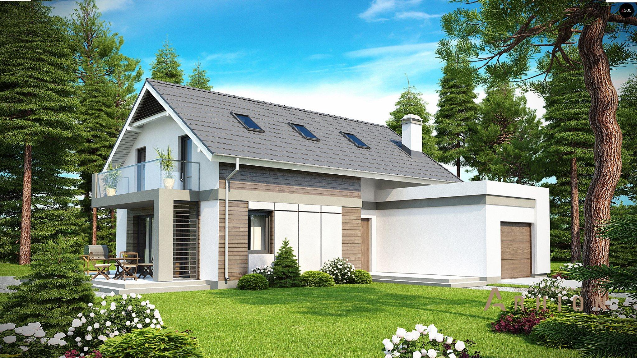 1. Проект одноэтажного дома в канадском стиле с двускатной кровлей, Z168, площадью - 169 кв c мансардой, терассой, балконом, гаражом