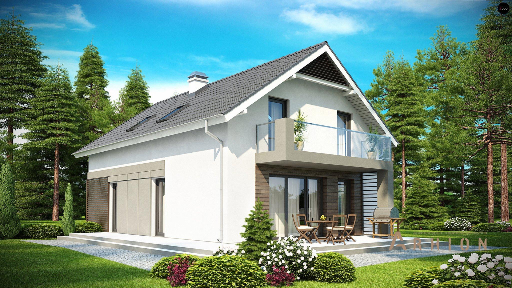 2. Проект одноэтажного дома в канадском стиле с двускатной кровлей, Z168, площадью - 169 кв c мансардой, терассой, балконом, гаражом