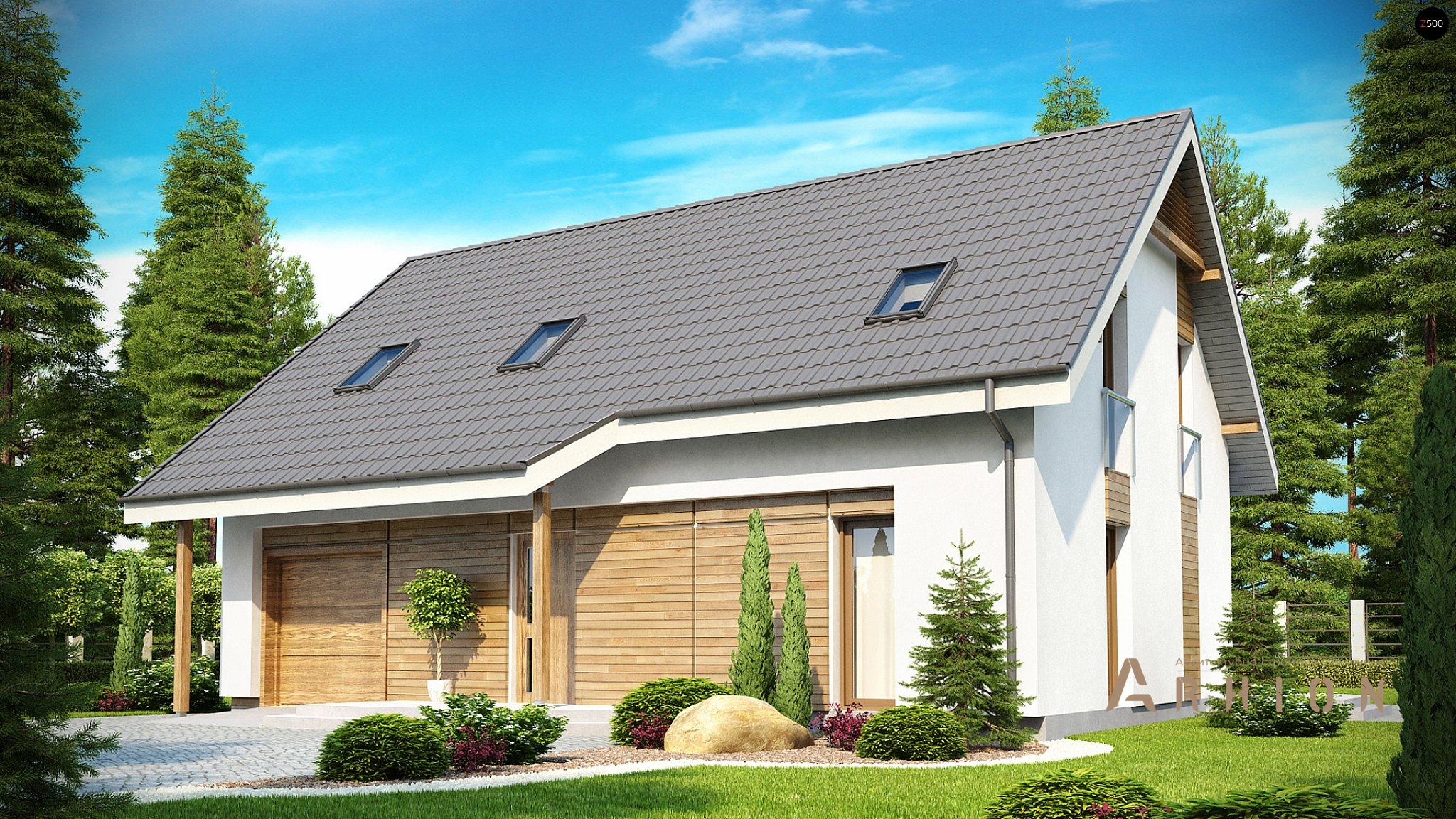 1. Проект одноэтажного дома в канадском стиле с двускатной кровлей, Z170, площадью - 195 кв c мансардой, терассой, балконом, гаражом