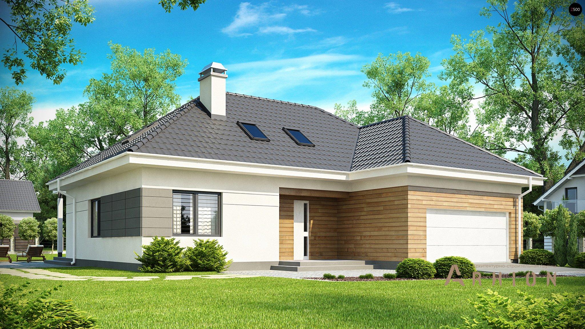 1. Проект одноэтажного дома в современном стиле с четырехскатной, Z173, площадью - 246 кв c мансардой, терассой, гаражом