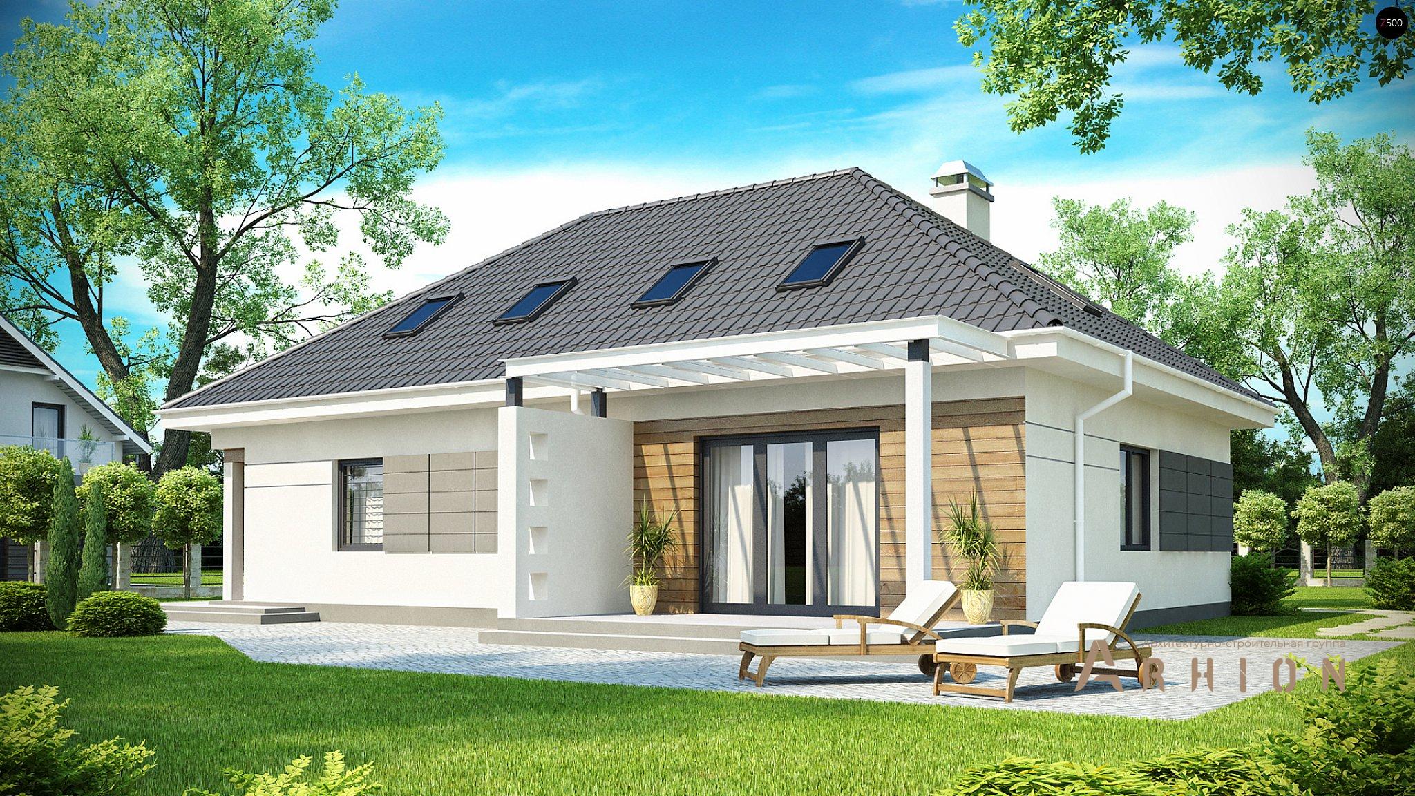 2. Проект одноэтажного дома в современном стиле с четырехскатной, Z173, площадью - 246 кв c мансардой, терассой, гаражом