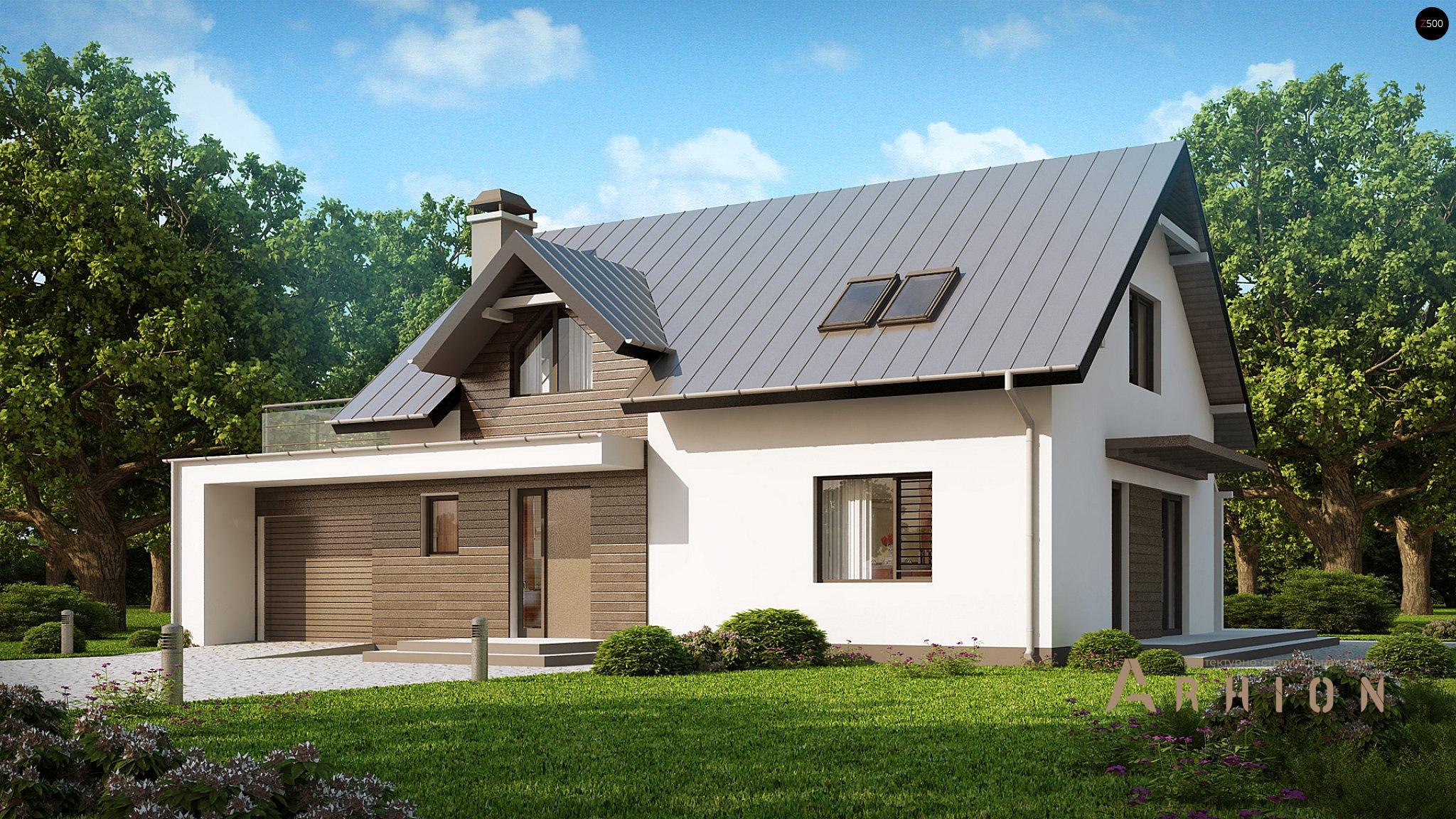 1. Проект одноэтажного дома в альпийском стиле с двускатной кровлей, Z179, площадью - 179 кв c мансардой, терассой, балконом, гаражом