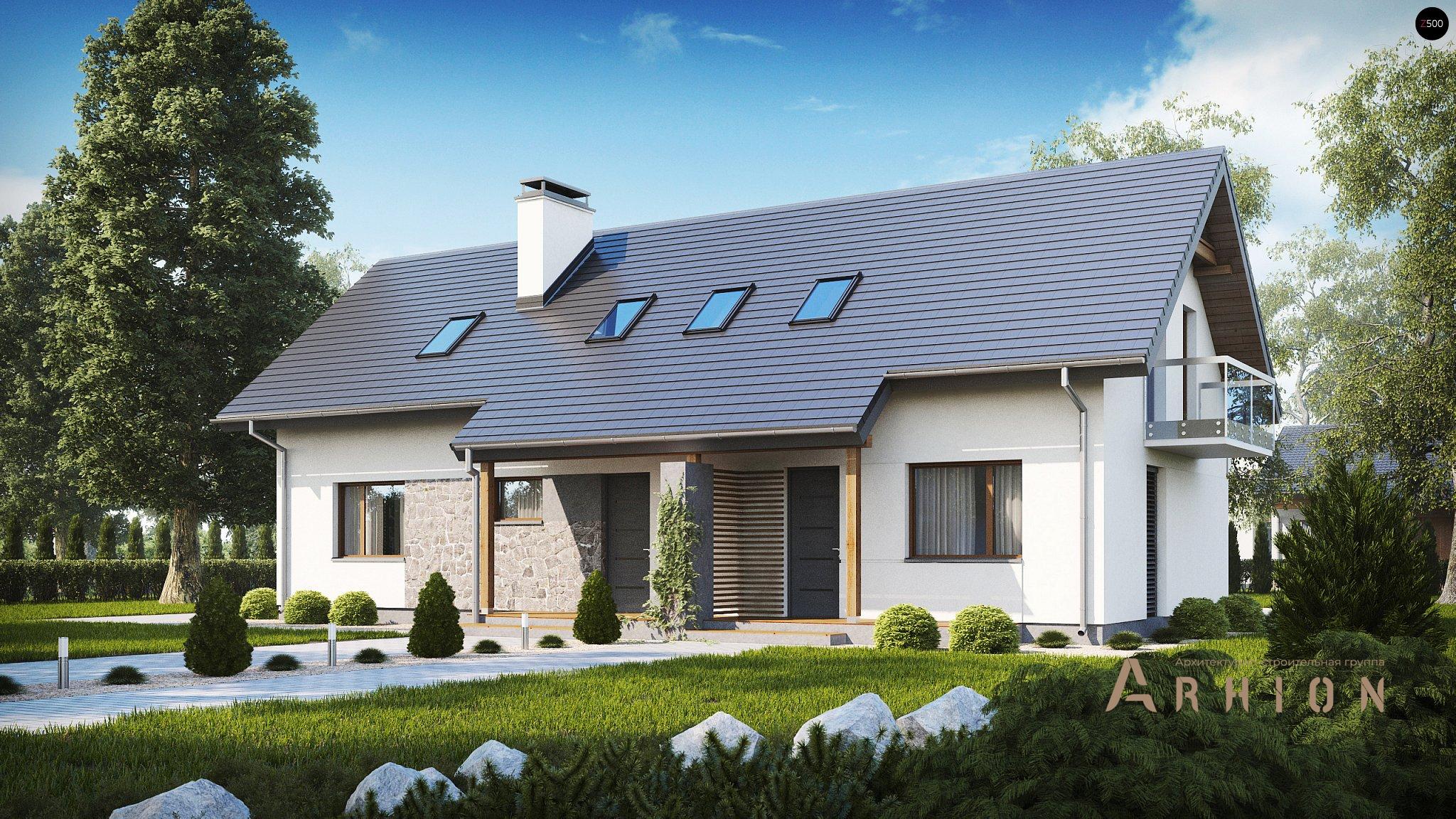 1. Проект одноэтажного дома в современном стиле с двускатной кровлей, Z184, площадью - 184 кв c мансардой, терассой, балконом