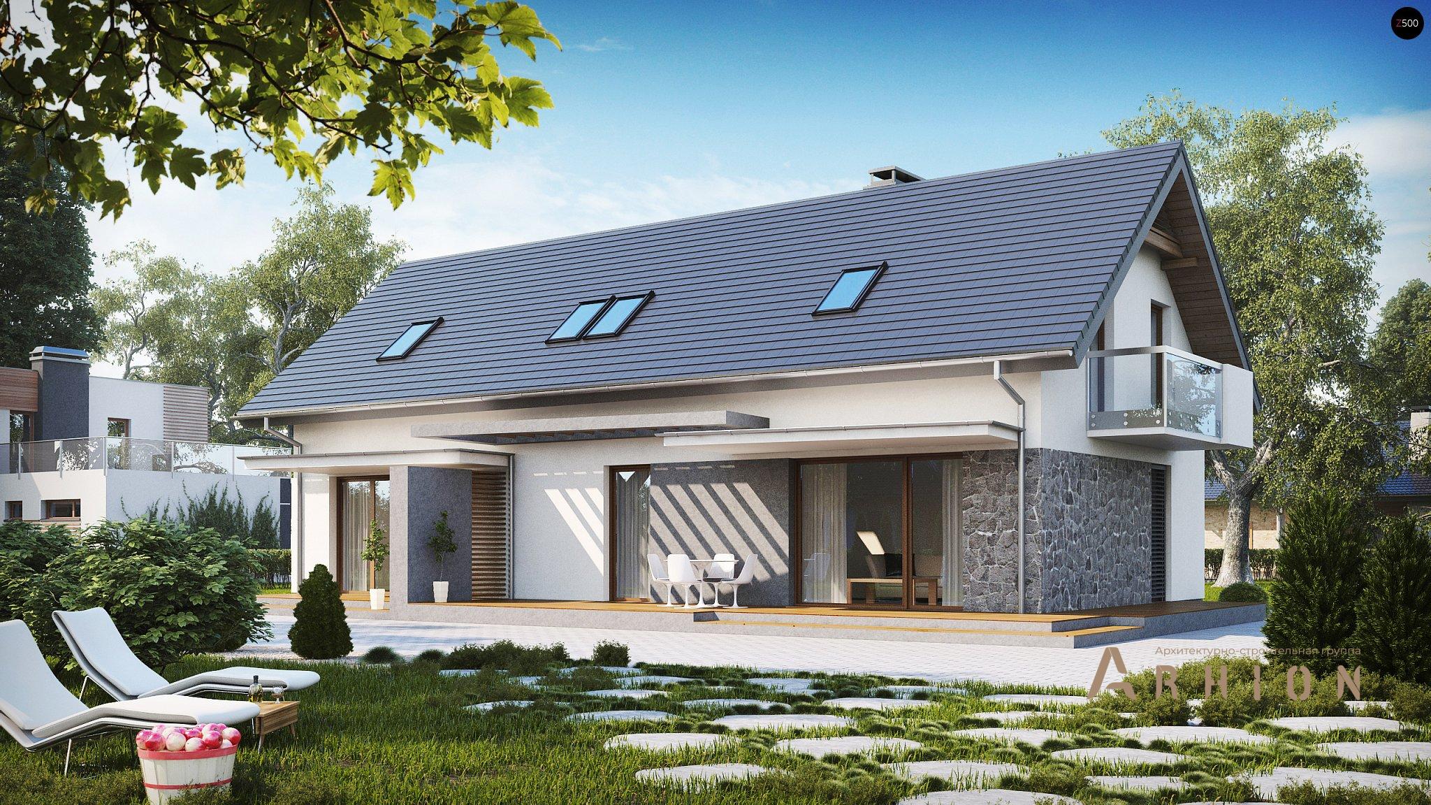 2. Проект одноэтажного дома в современном стиле с двускатной кровлей, Z184, площадью - 184 кв c мансардой, терассой, балконом