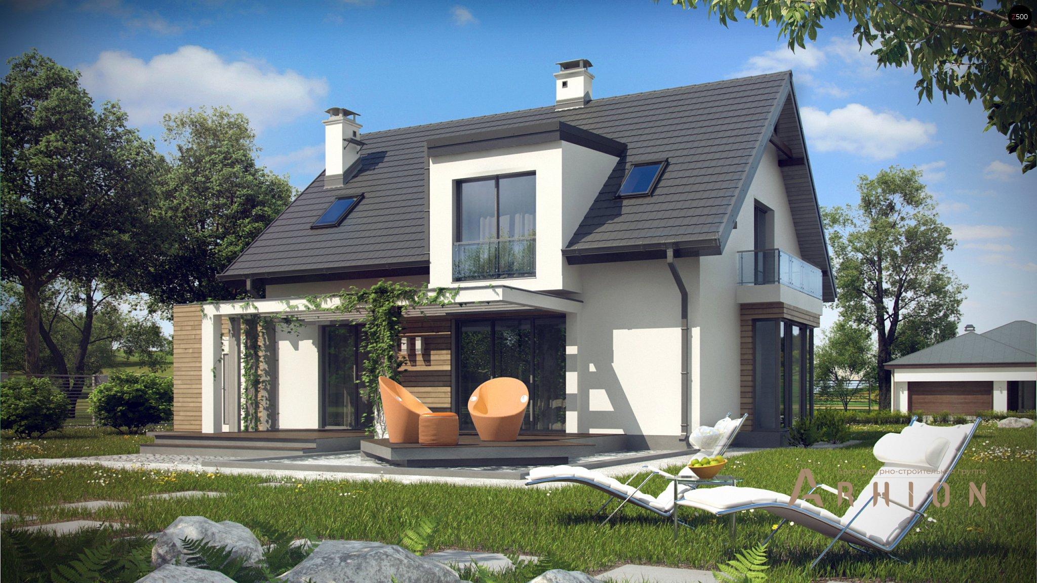 2. Проект одноэтажного дома в канадском стиле с двускатной кровлей, Z189, площадью - 183 кв c мансардой, терассой, балконом, гаражом, эркером