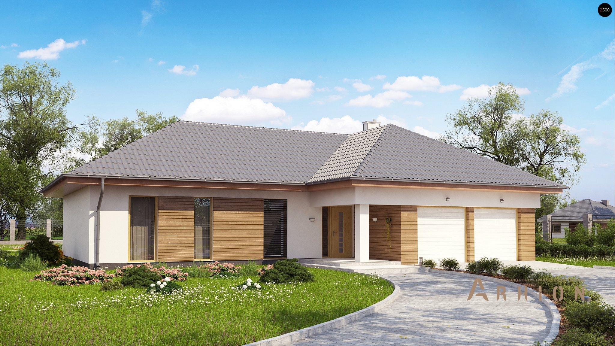 1. Проект одноэтажного дома в современном стиле с четырехскатной, Z190, площадью - 166 кв c терассой, гаражом