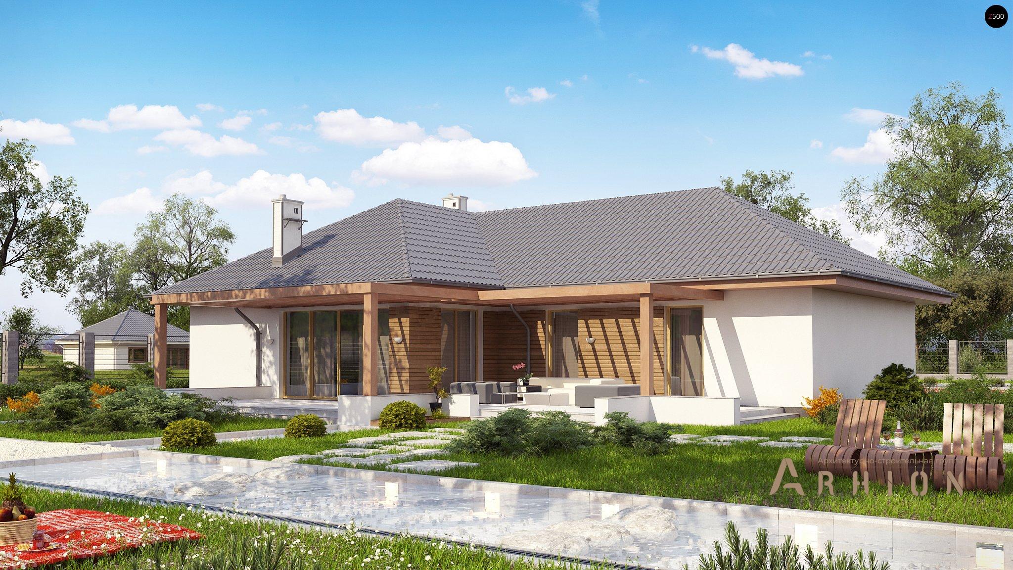 2. Проект одноэтажного дома в современном стиле с четырехскатной, Z190, площадью - 166 кв c терассой, гаражом