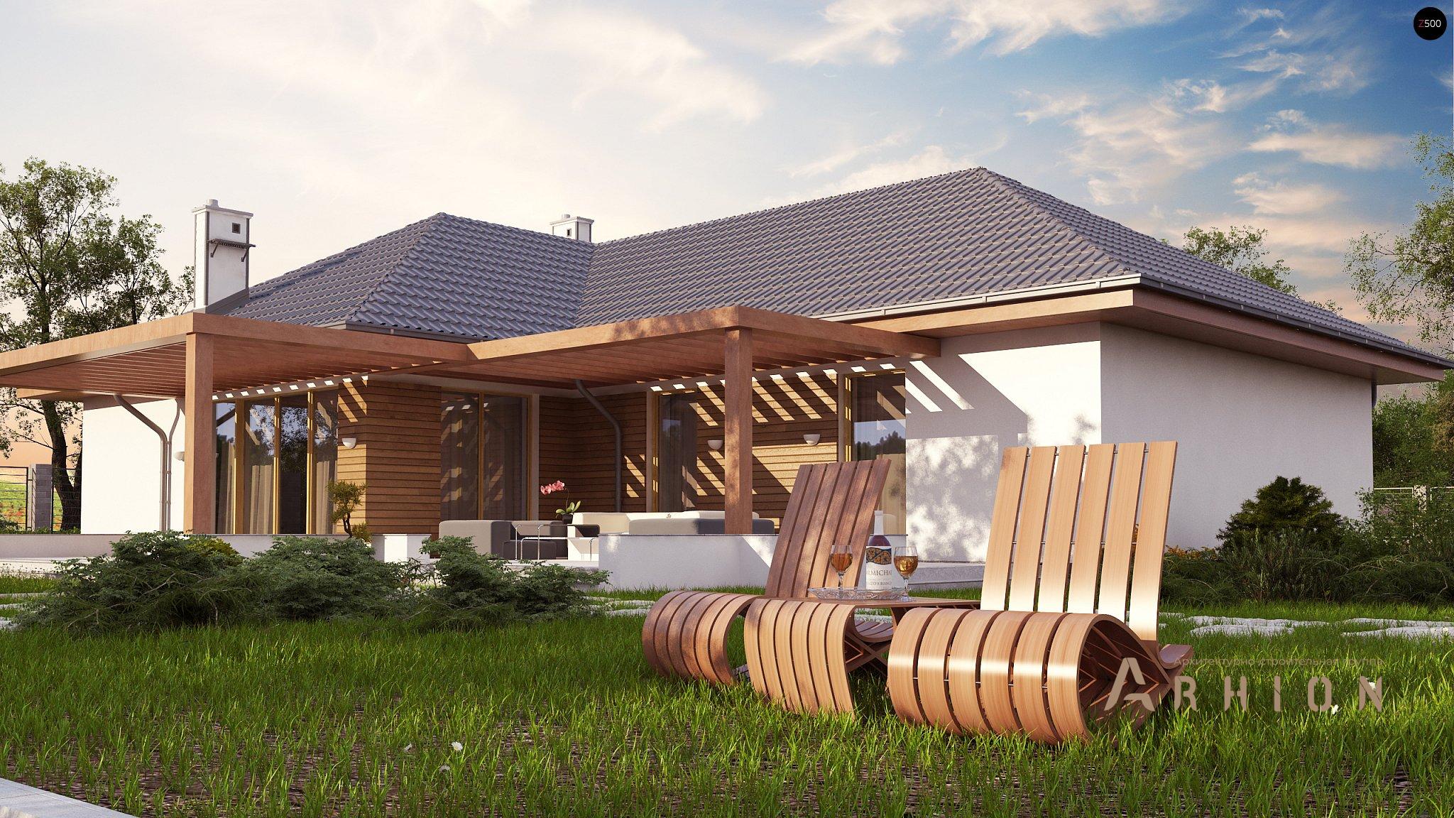 3. Проект одноэтажного дома в современном стиле с четырехскатной, Z190, площадью - 166 кв c терассой, гаражом