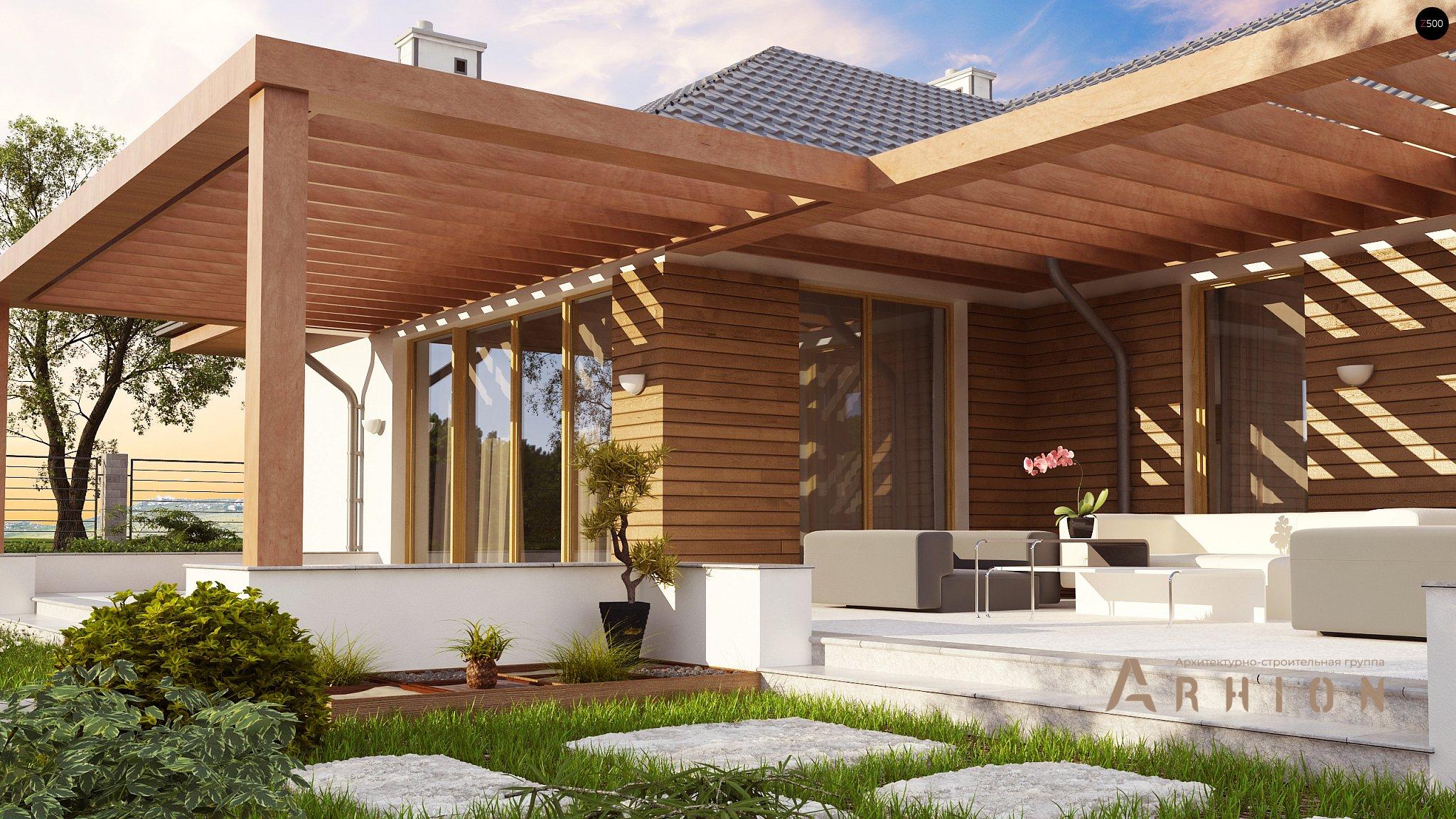 4. Проект одноэтажного дома в современном стиле с четырехскатной, Z190, площадью - 166 кв c терассой, гаражом