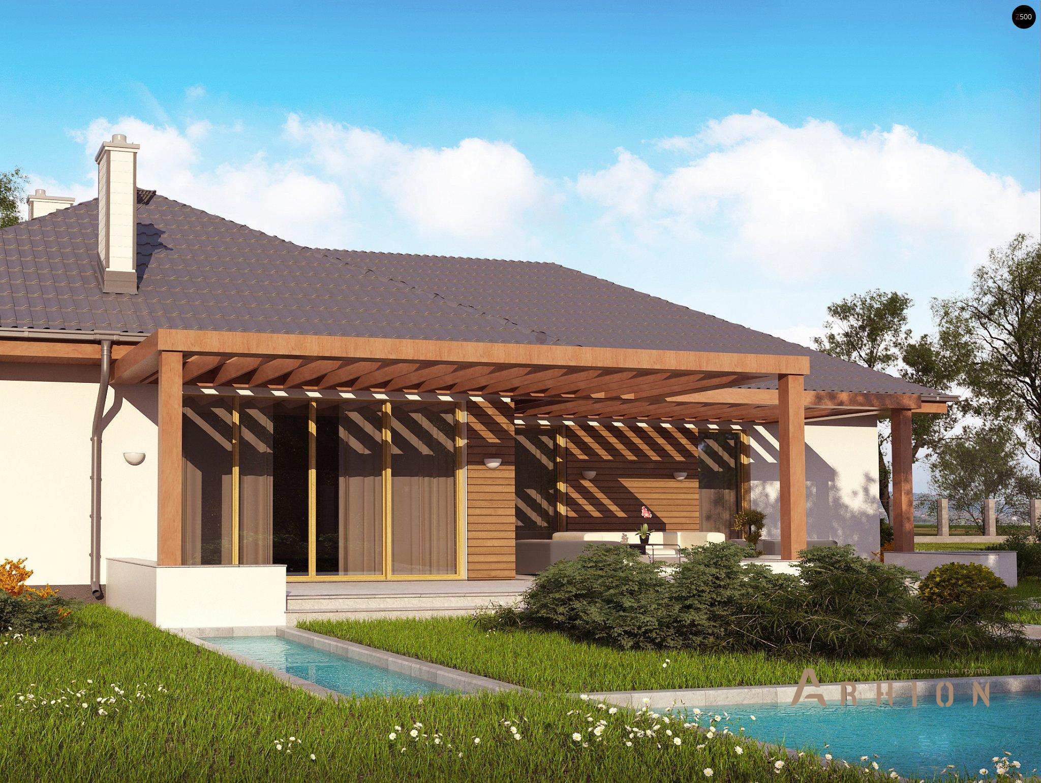 6. Проект одноэтажного дома в современном стиле с четырехскатной, Z190, площадью - 166 кв c терассой, гаражом