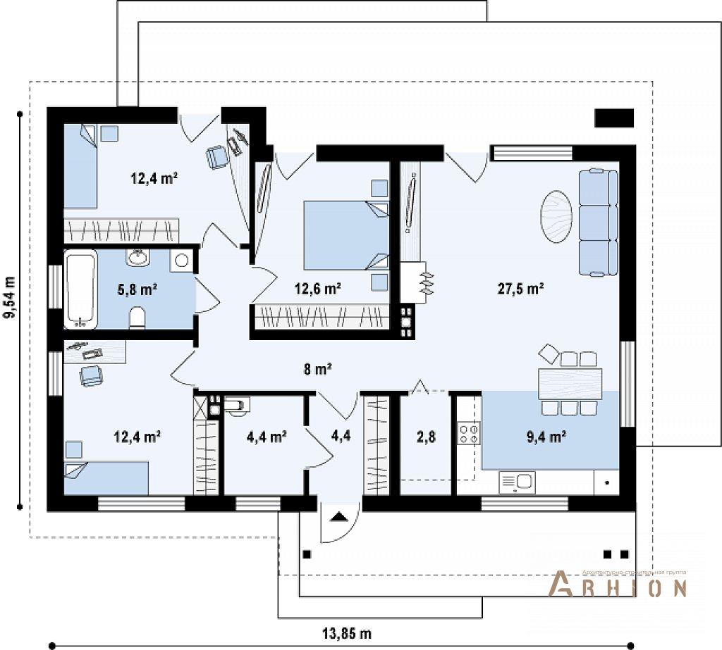 2. Проект одноэтажного дома в современном стиле с двускатной кровлей, Z191, площадью - 100 кв