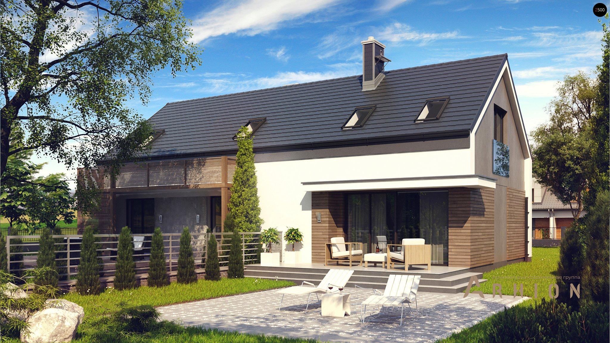 2. Проект одноэтажного дома в стиле барн с двускатной кровлей, Z193, площадью - 194 кв c мансардой, терассой