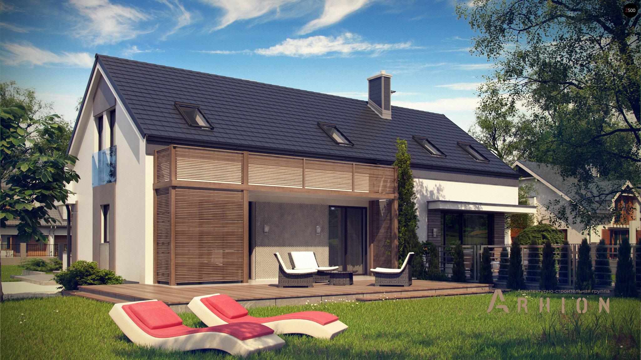 4. Проект одноэтажного дома в стиле барн с двускатной кровлей, Z193, площадью - 194 кв c мансардой, терассой