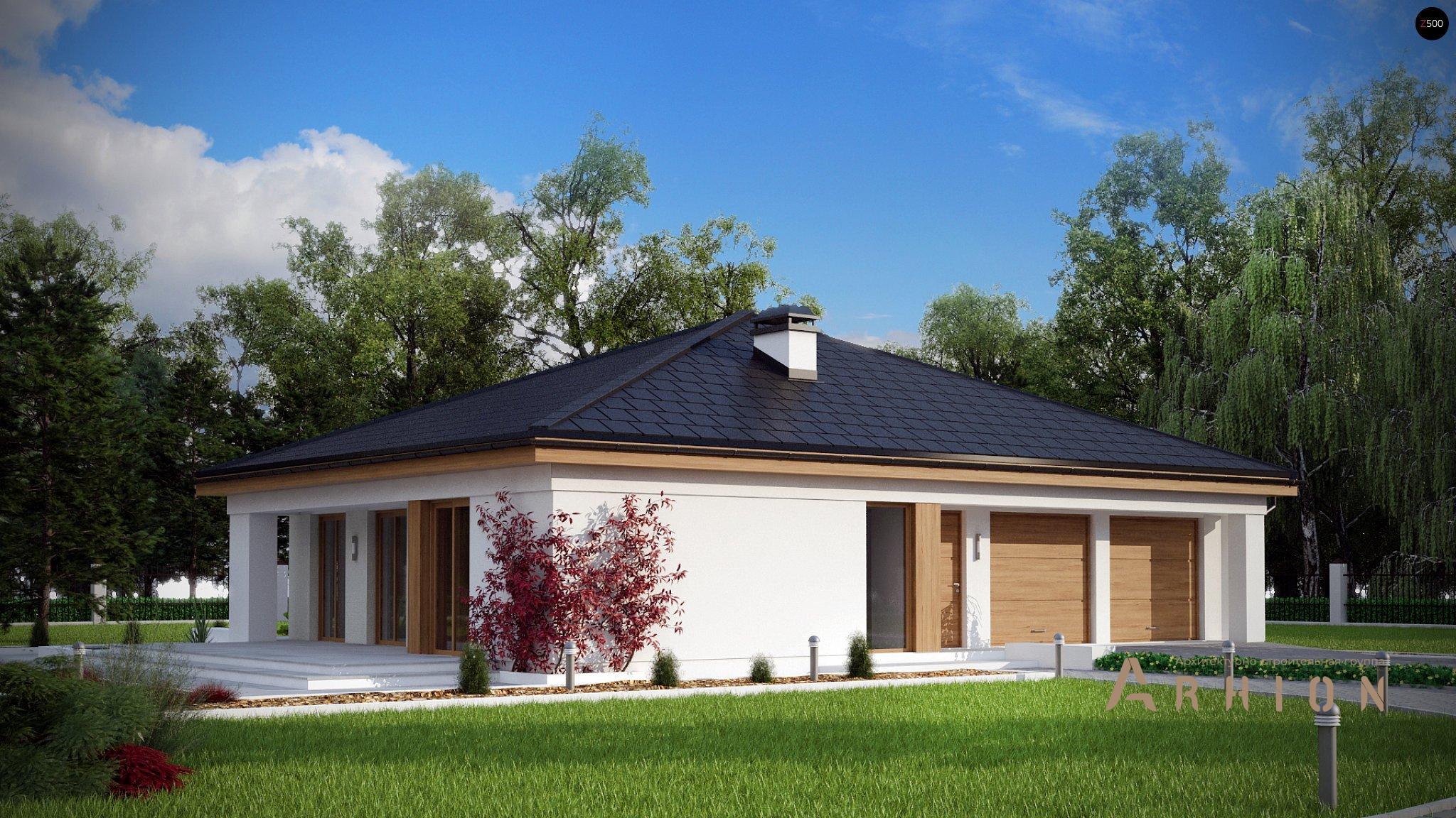 1. Проект одноэтажного дома в современном стиле с четырехскатной, Z196, площадью - 181 кв c терассой, гаражом