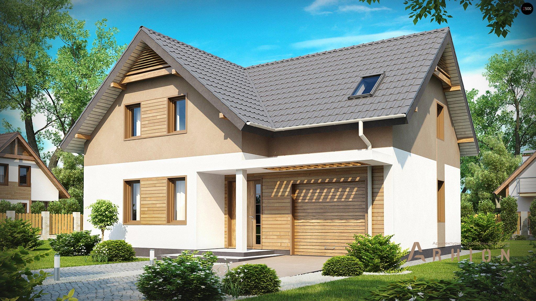 1. Проект одноэтажного дома в современном стиле с двускатной кровлей, Z197, площадью - 172 кв c мансардой, терассой, балконом, гаражом