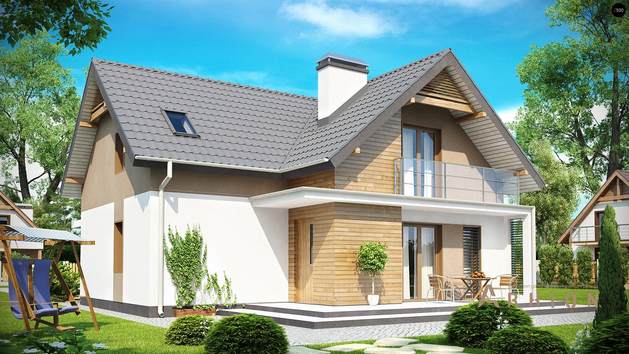 2. Проект одноэтажного дома в современном стиле с двускатной кровлей, Z197, площадью - 172 кв c мансардой, терассой, балконом, гаражом