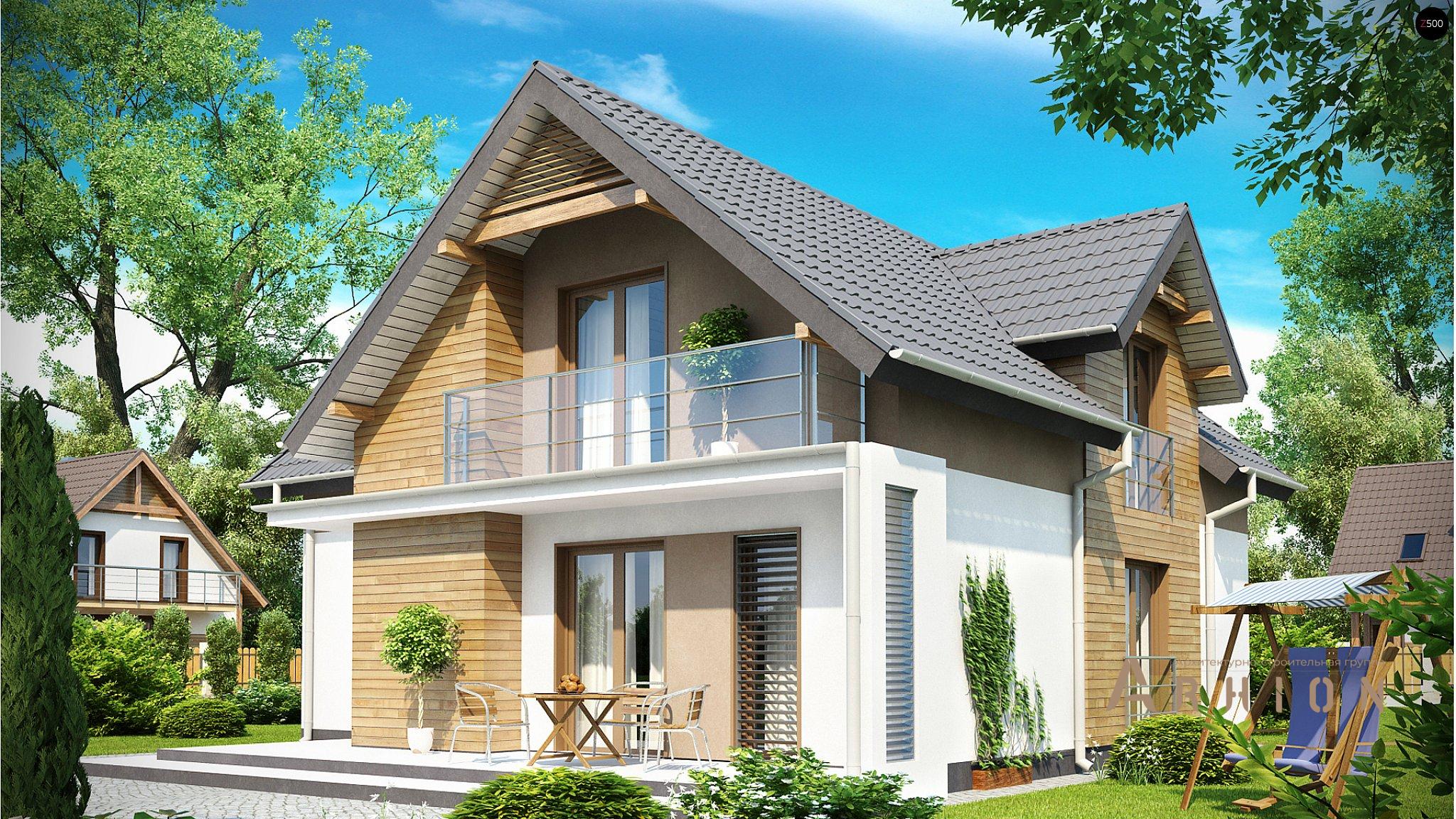 3. Проект одноэтажного дома в современном стиле с двускатной кровлей, Z197, площадью - 172 кв c мансардой, терассой, балконом, гаражом