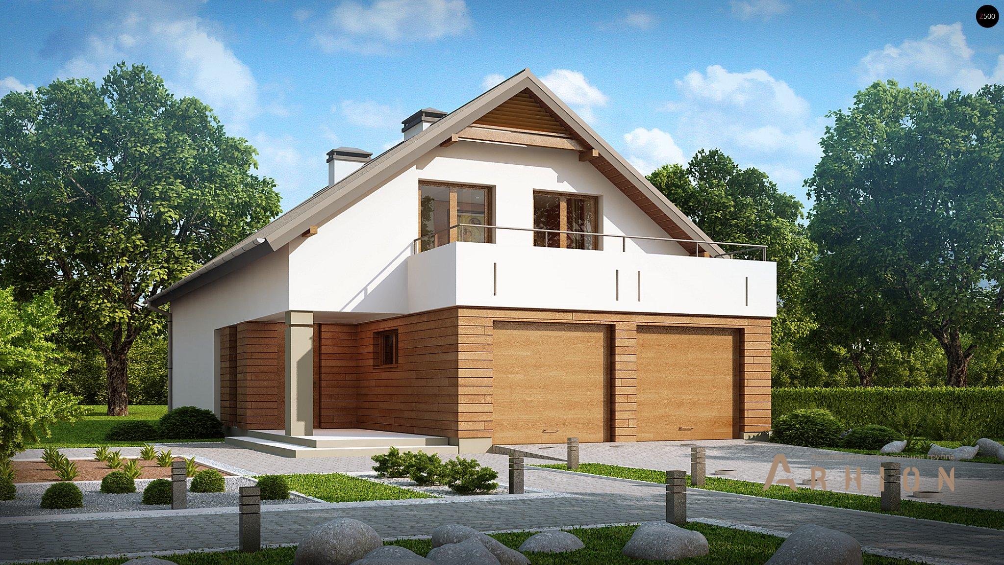 1. Проект одноэтажного дома в стиле шале с двускатной кровлей, Z198, площадью - 228 кв c мансардой, терассой, балконом, гаражом