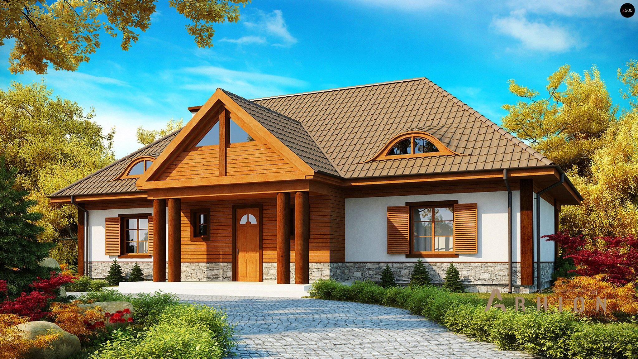 1. Проект одноэтажного дома в европейском стиле с четырехскатной, Z20, площадью - 235 кв c мансардой, терассой, эркером