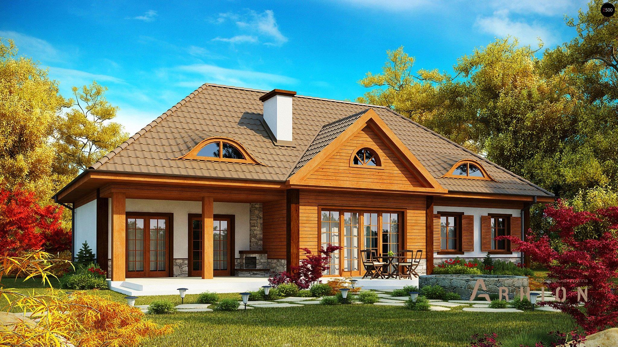 2. Проект одноэтажного дома в европейском стиле с четырехскатной, Z20, площадью - 235 кв c мансардой, терассой, эркером