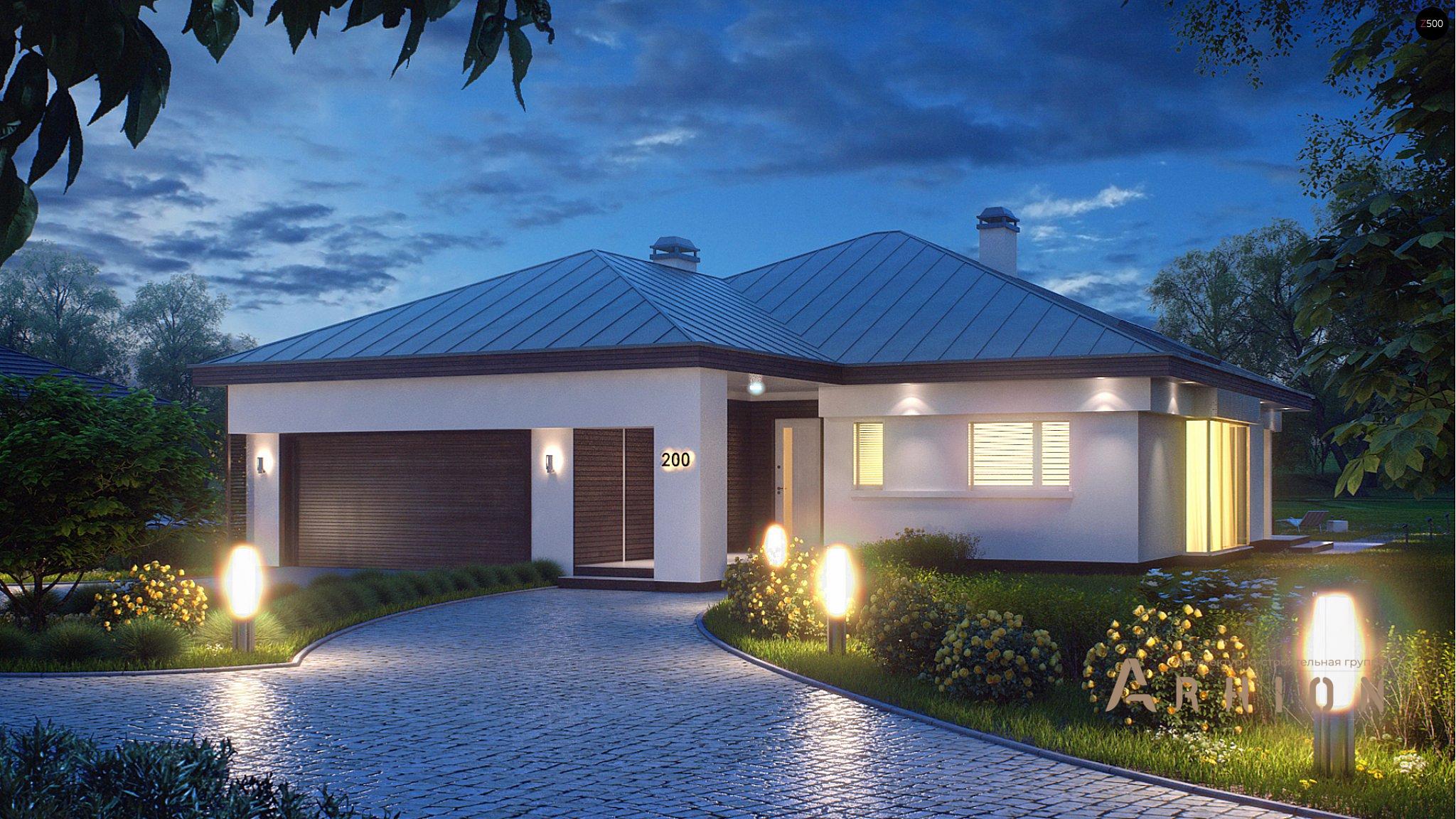 1. Проект одноэтажного дома в современном стиле с четырехскатной, Z200, площадью - 166 кв c терассой, гаражом, эркером