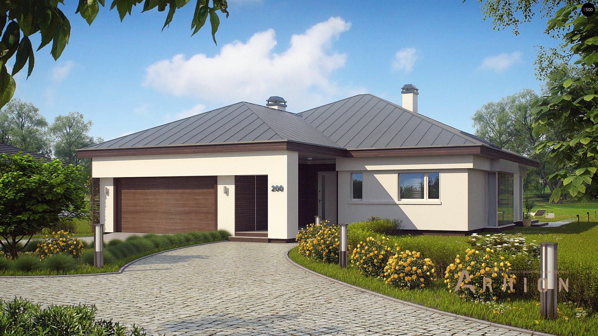 17. Проект одноэтажного дома в современном стиле с четырехскатной, Z200, площадью - 166 кв c терассой, гаражом, эркером