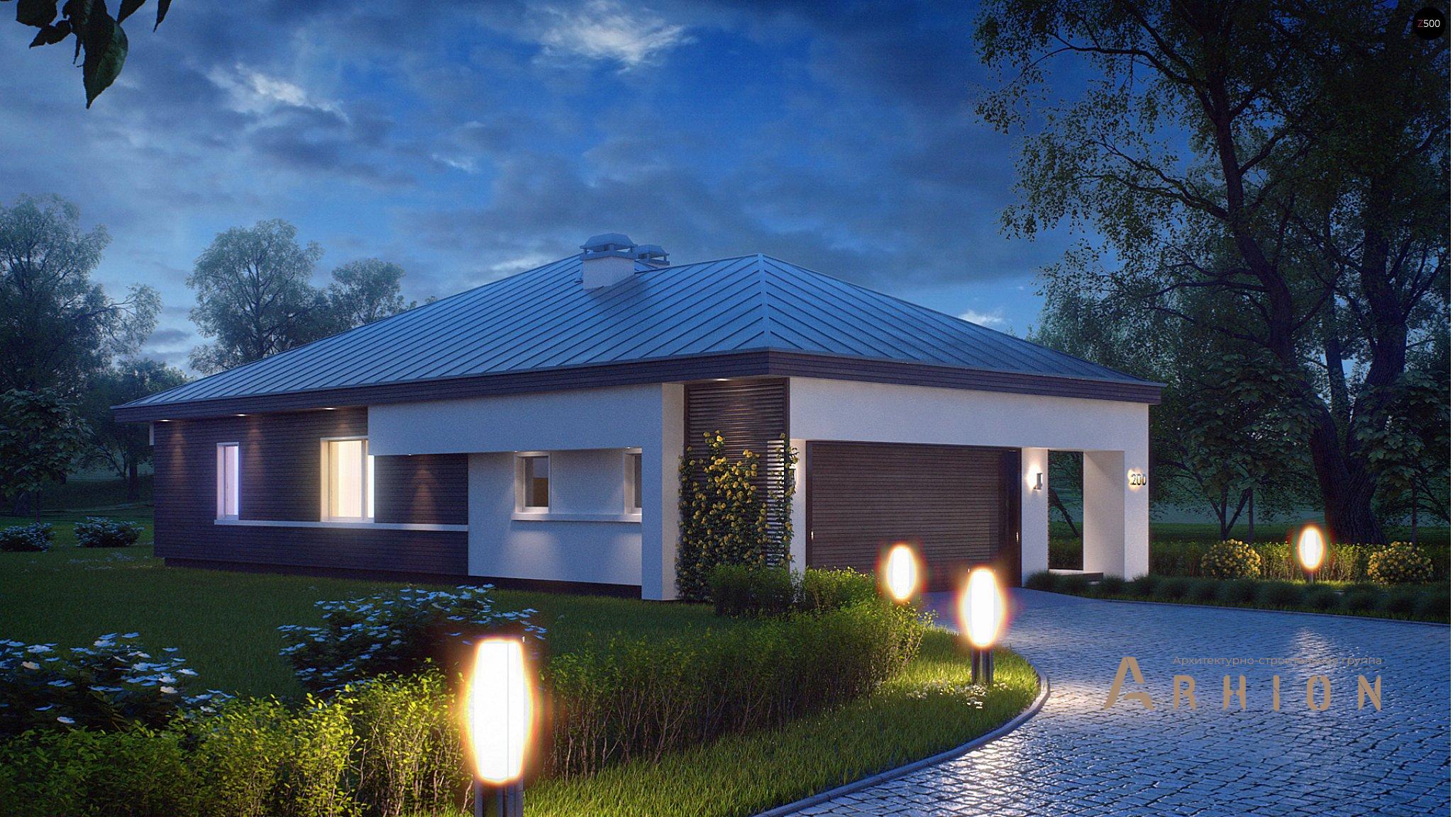 19. Проект одноэтажного дома в современном стиле с четырехскатной, Z200, площадью - 166 кв c терассой, гаражом, эркером