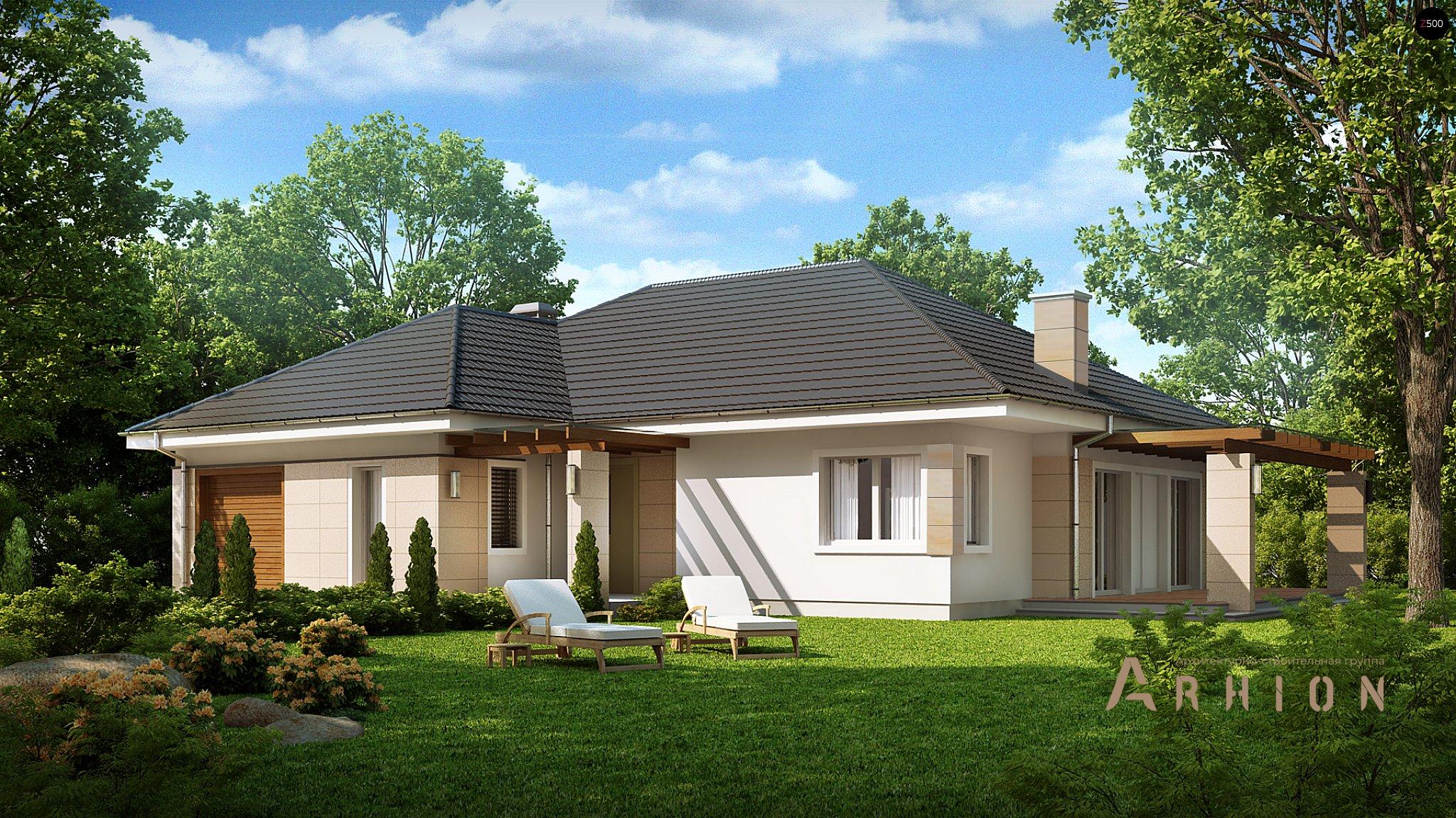 1. Проект одноэтажного дома в европейском стиле с четырехскатной, Z201, площадью - 164 кв c терассой, гаражом