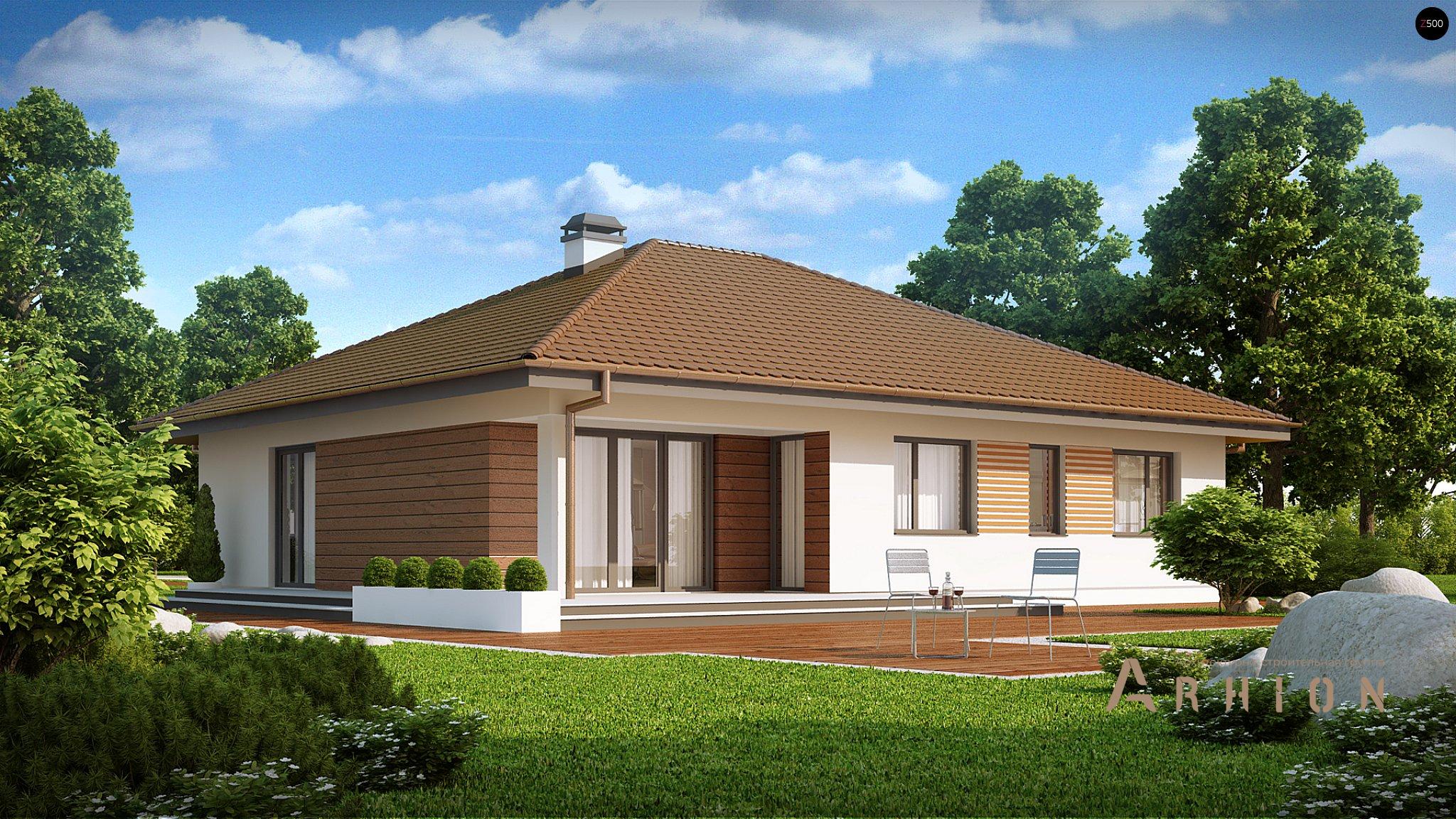 1. Проект одноэтажного дома в современном стиле с четырехскатной, Z203, площадью - 168 кв c терассой, гаражом