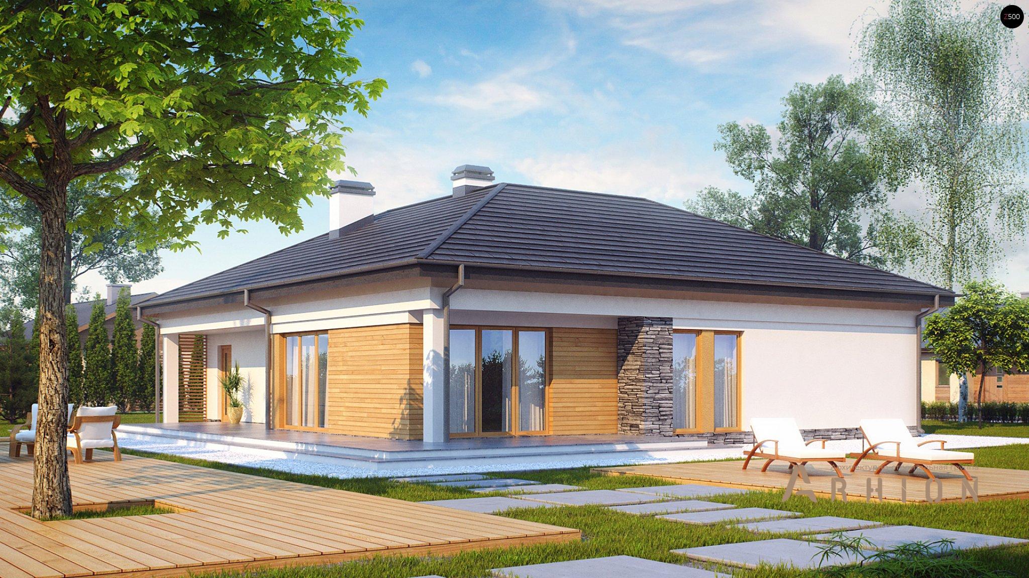 1. Проект одноэтажного дома в современном стиле с четырехскатной, Z204, площадью - 150 кв c терассой, гаражом