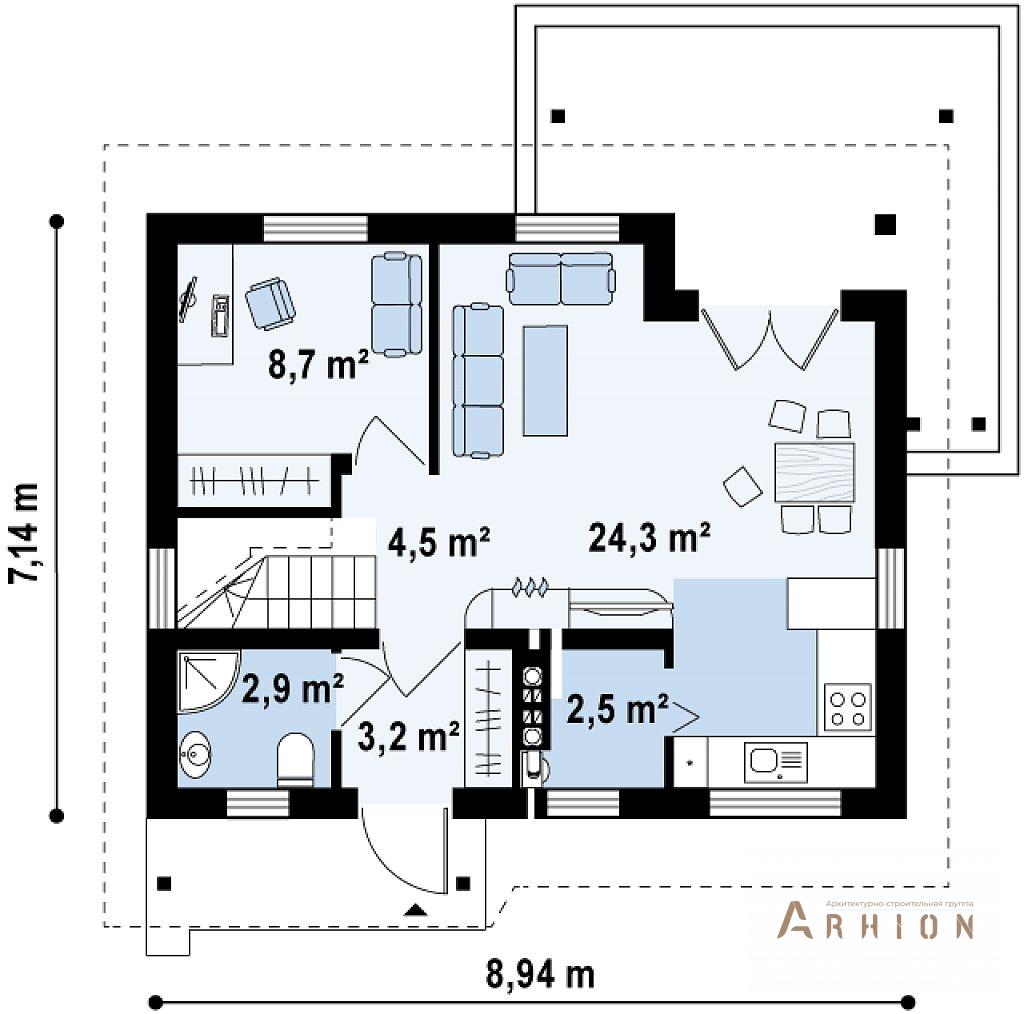 2. Проект одноэтажного дома в европейском стиле с двускатной кровлей, Z212, площадью - 92 кв c мансардой, терассой