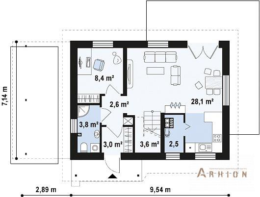 2. Проект одноэтажного дома в современном стиле с двускатной кровлей, Z216, площадью - 100 кв c мансардой