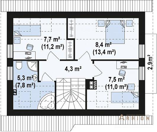 4. Проект одноэтажного дома в современном стиле с двускатной кровлей, Z216, площадью - 100 кв c мансардой