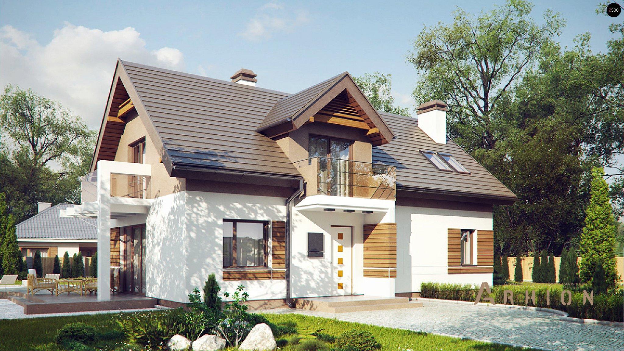 1. Проект одноэтажного дома в современном стиле с двускатной кровлей, Z223, площадью - 161 кв c мансардой, терассой, балконом