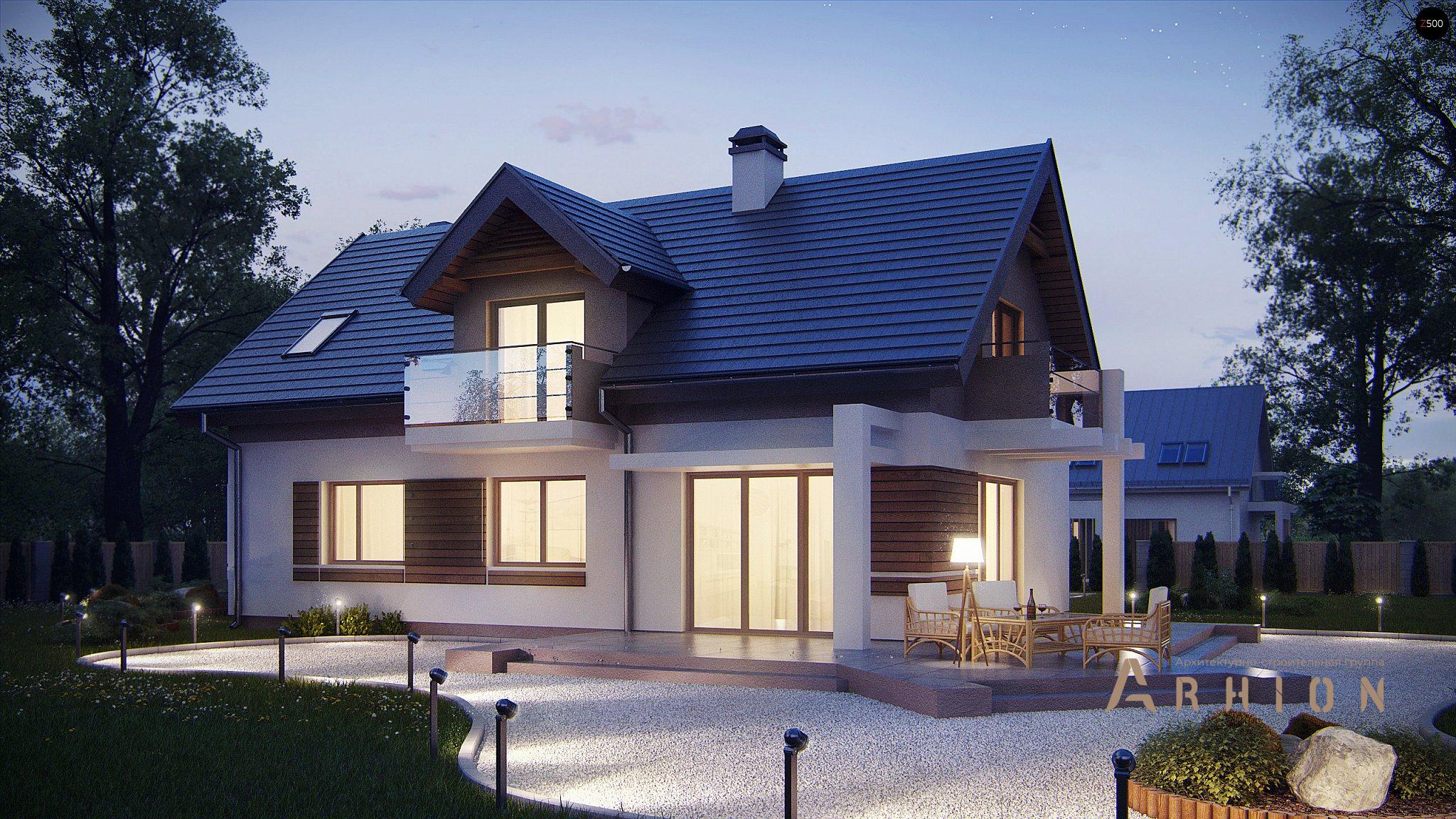 5. Проект одноэтажного дома в современном стиле с двускатной кровлей, Z223, площадью - 161 кв c мансардой, терассой, балконом