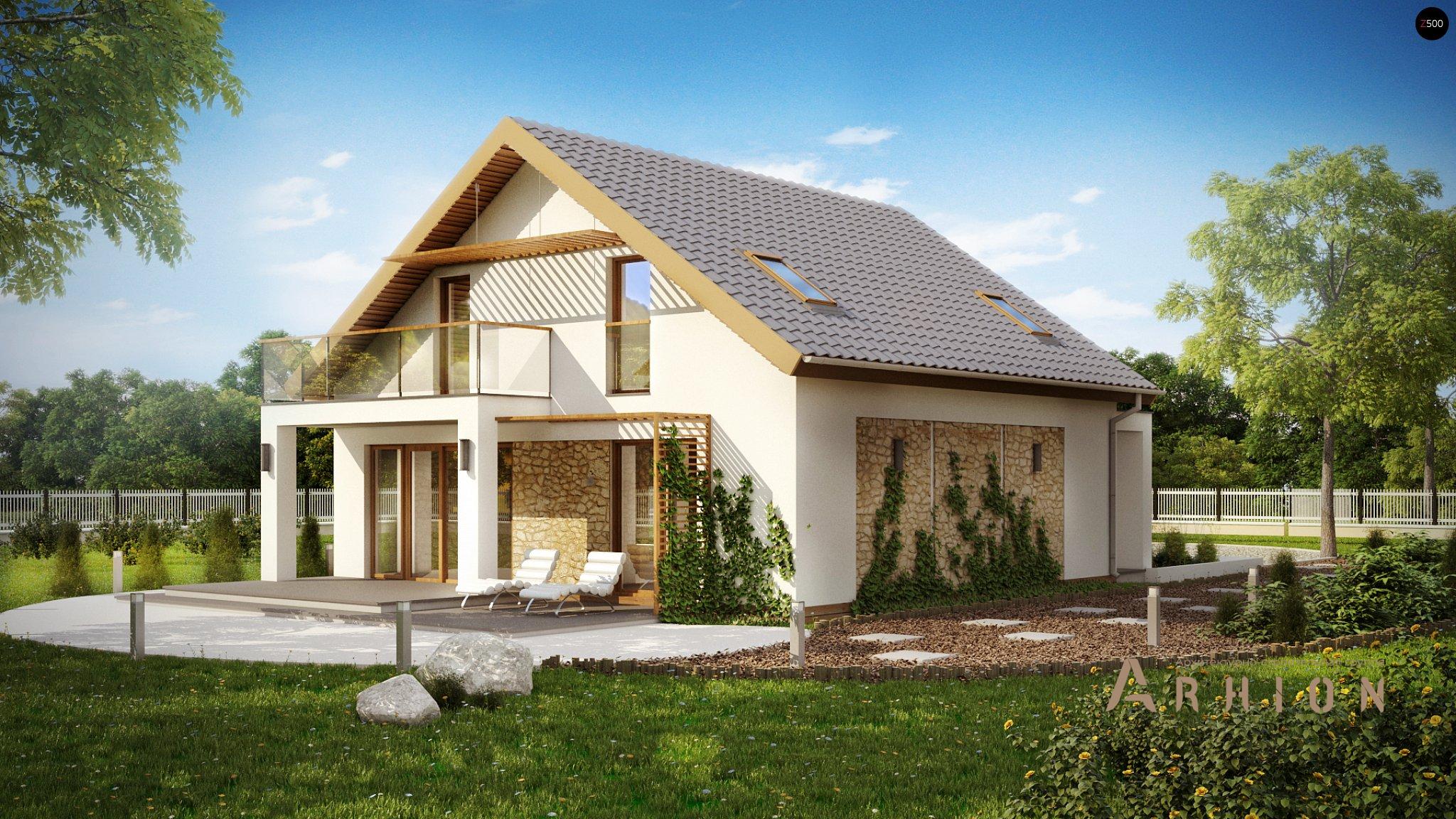 1. Проект одноэтажного дома в стиле шале с двускатной кровлей, Z224, площадью - 153 кв c мансардой, терассой, балконом