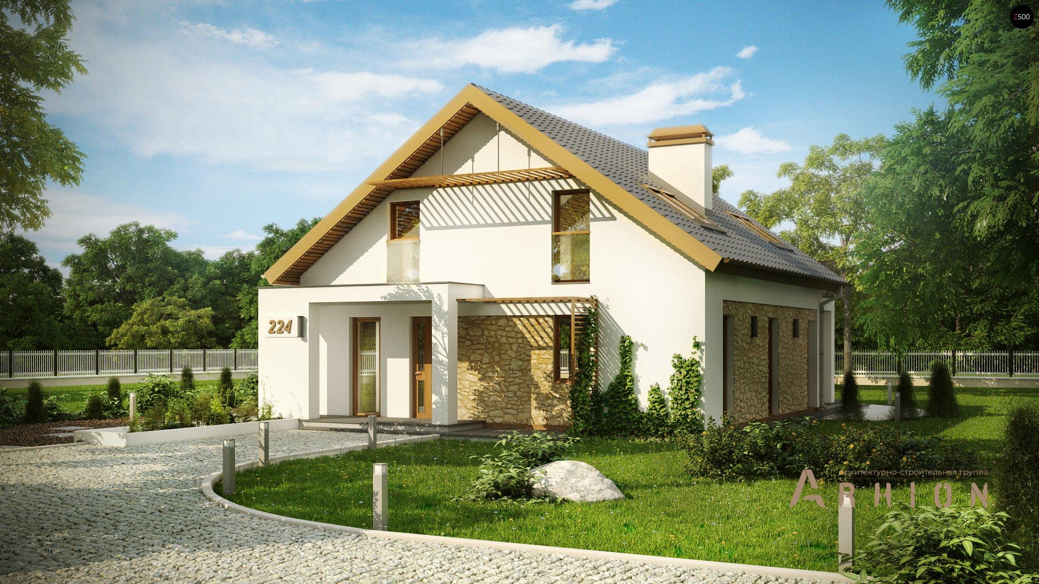 2. Проект одноэтажного дома в стиле шале с двускатной кровлей, Z224, площадью - 153 кв c мансардой, терассой, балконом